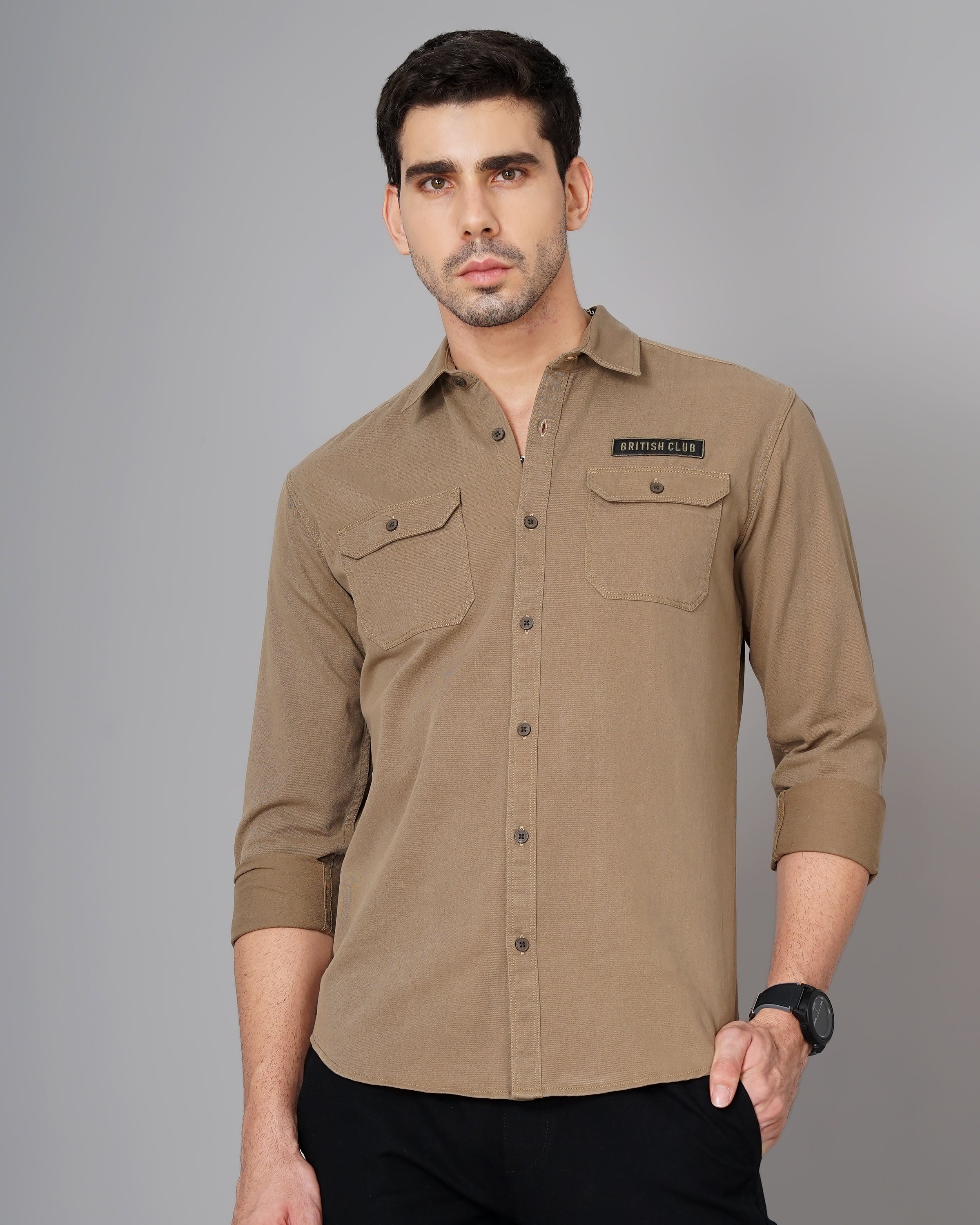 Men Brown Cotton Slim Shirt
