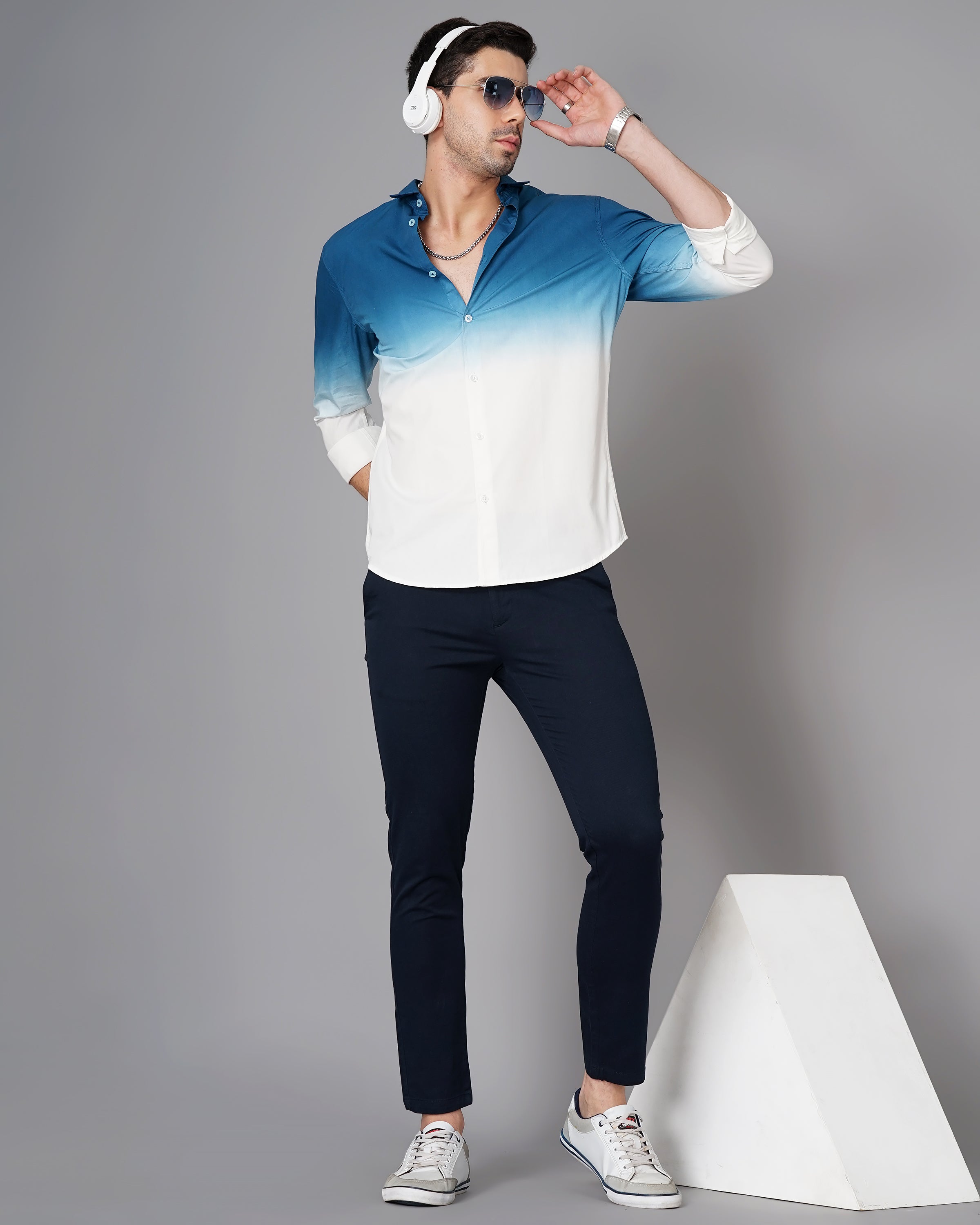 Men Teal Cotton Slim Shirt
