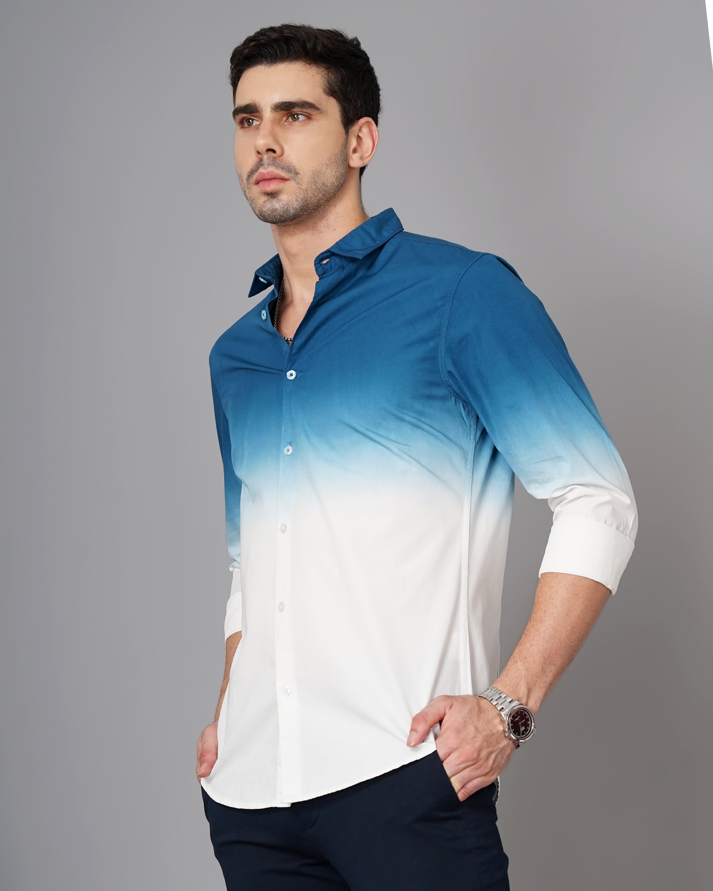 Men Teal Cotton Slim Shirt