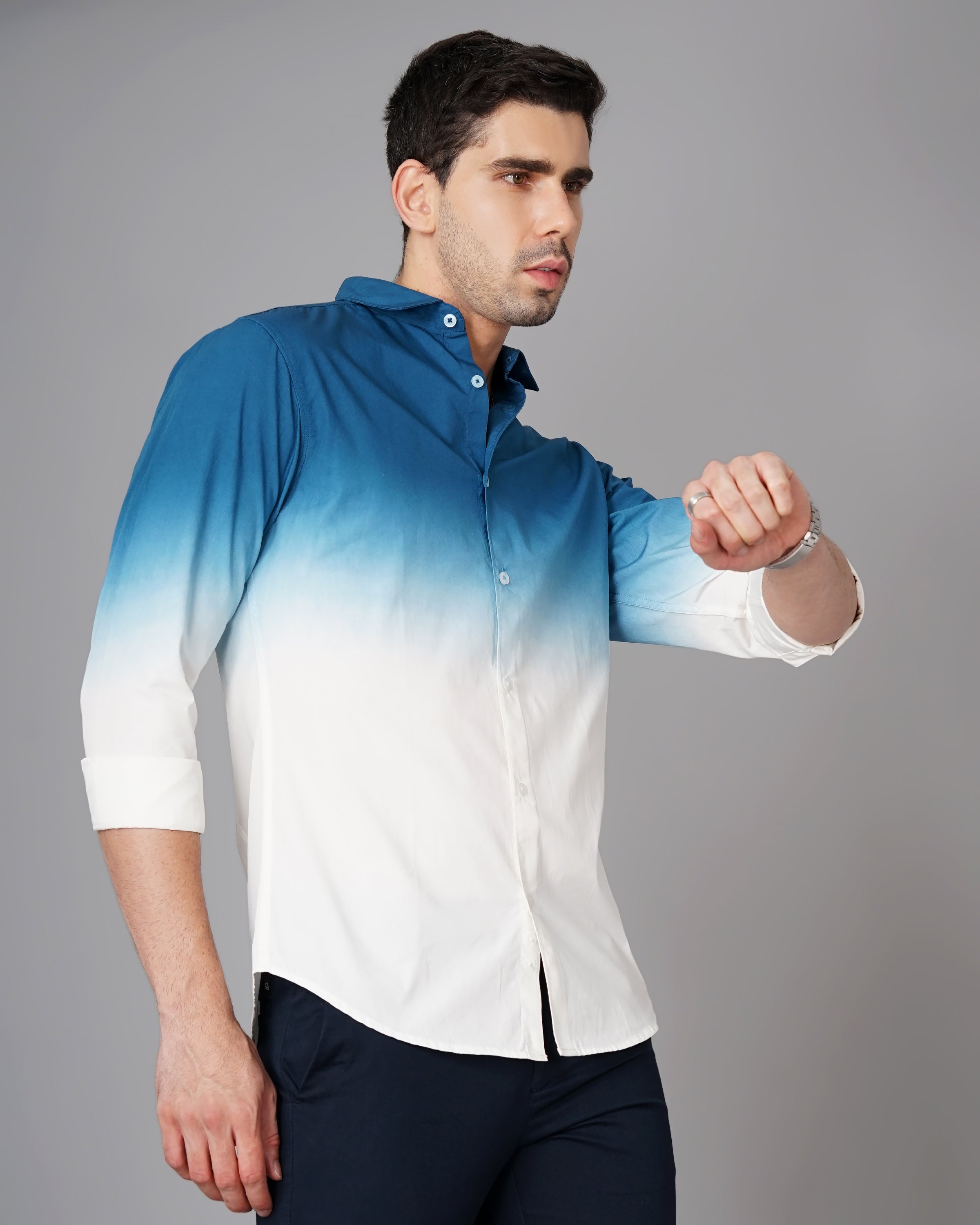 Men Teal Cotton Slim Shirt