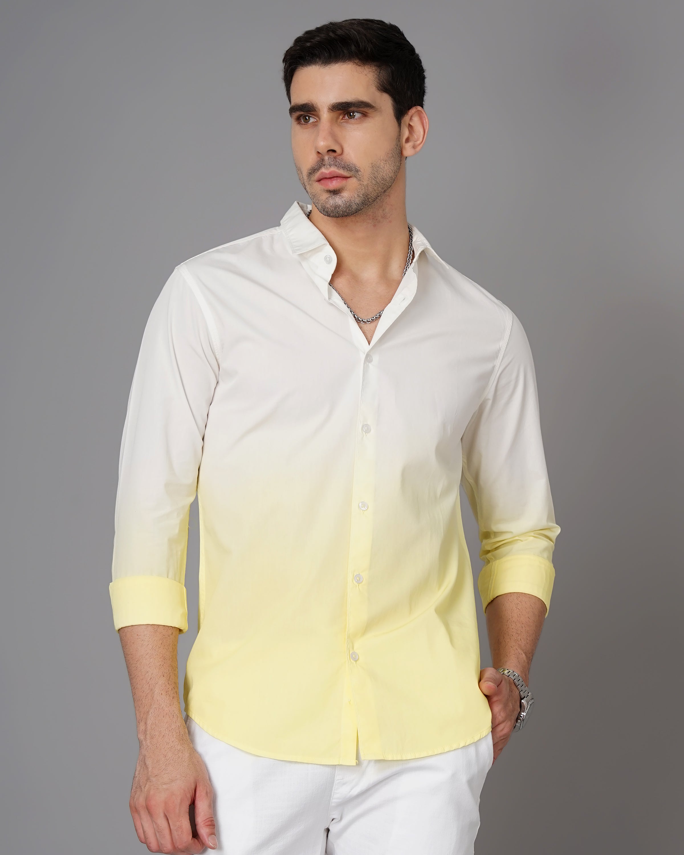 Men Yellow Cotton Slim Shirt