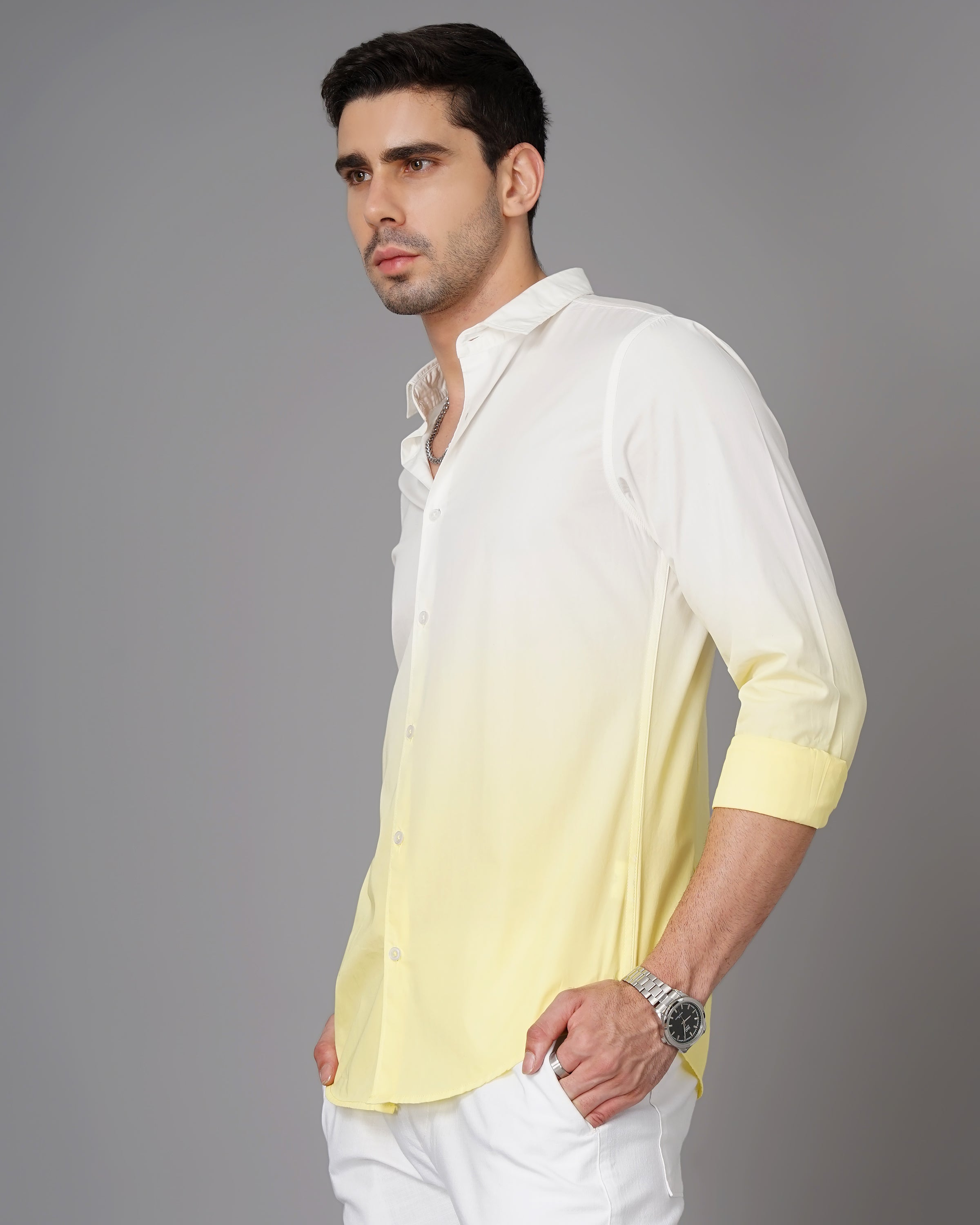 Men Yellow Cotton Slim Shirt
