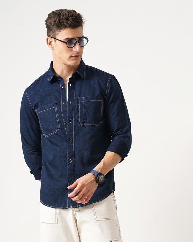 Men Navy Blue Cotton Slim Shirt