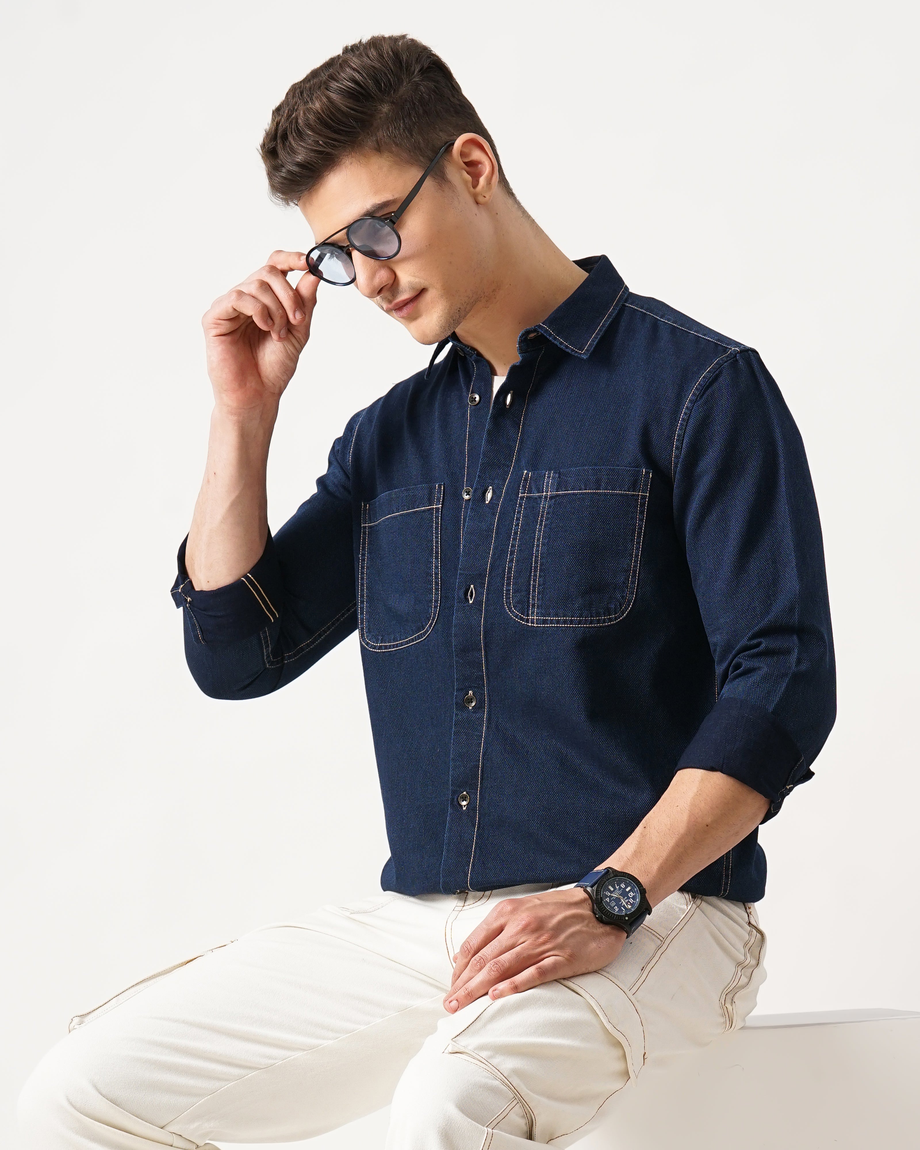 Men Navy Blue Cotton Slim Shirt