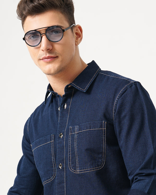 Men Navy Blue Cotton Slim Shirt