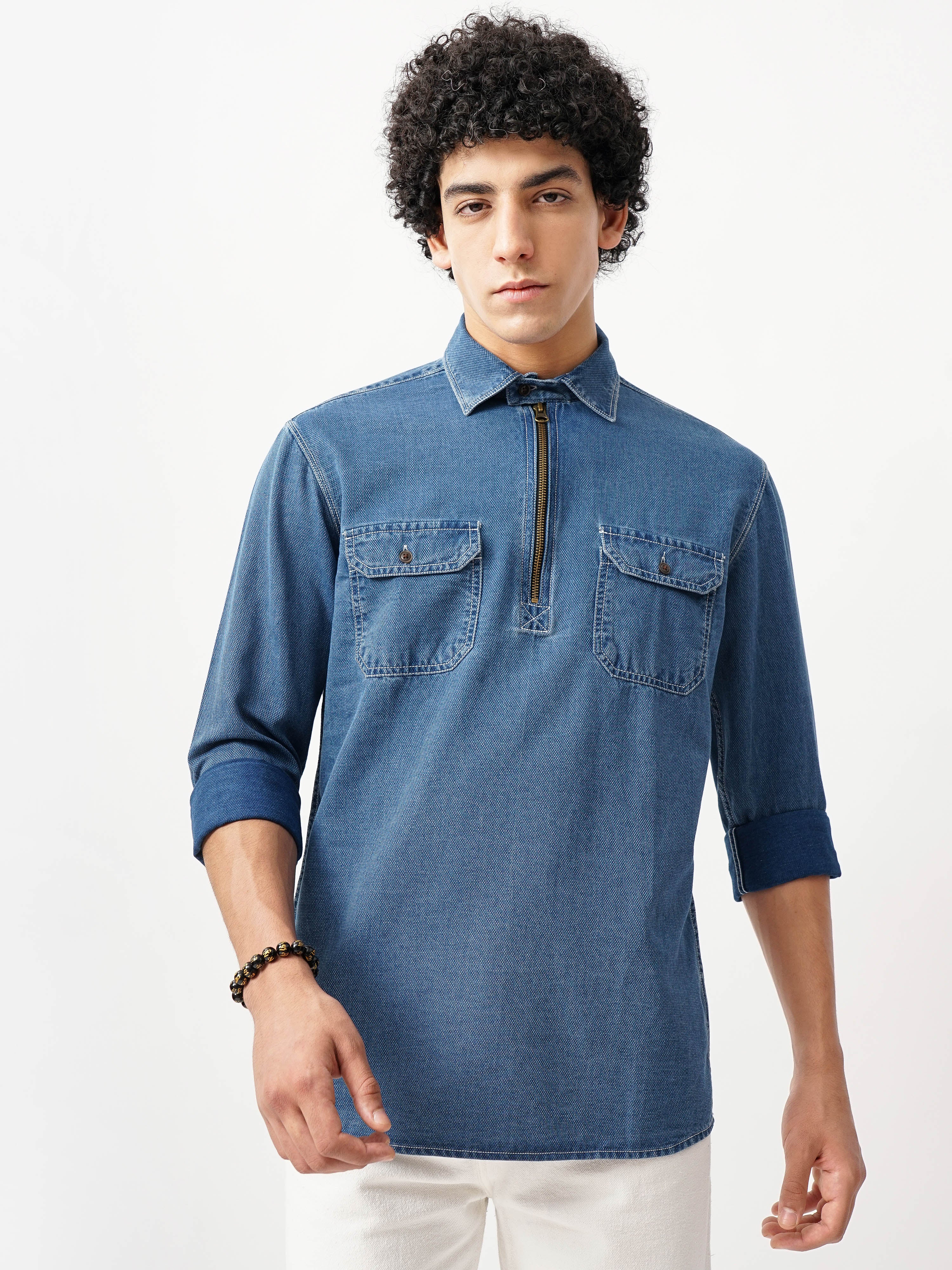 Men Blue Cotton Slim Shirt