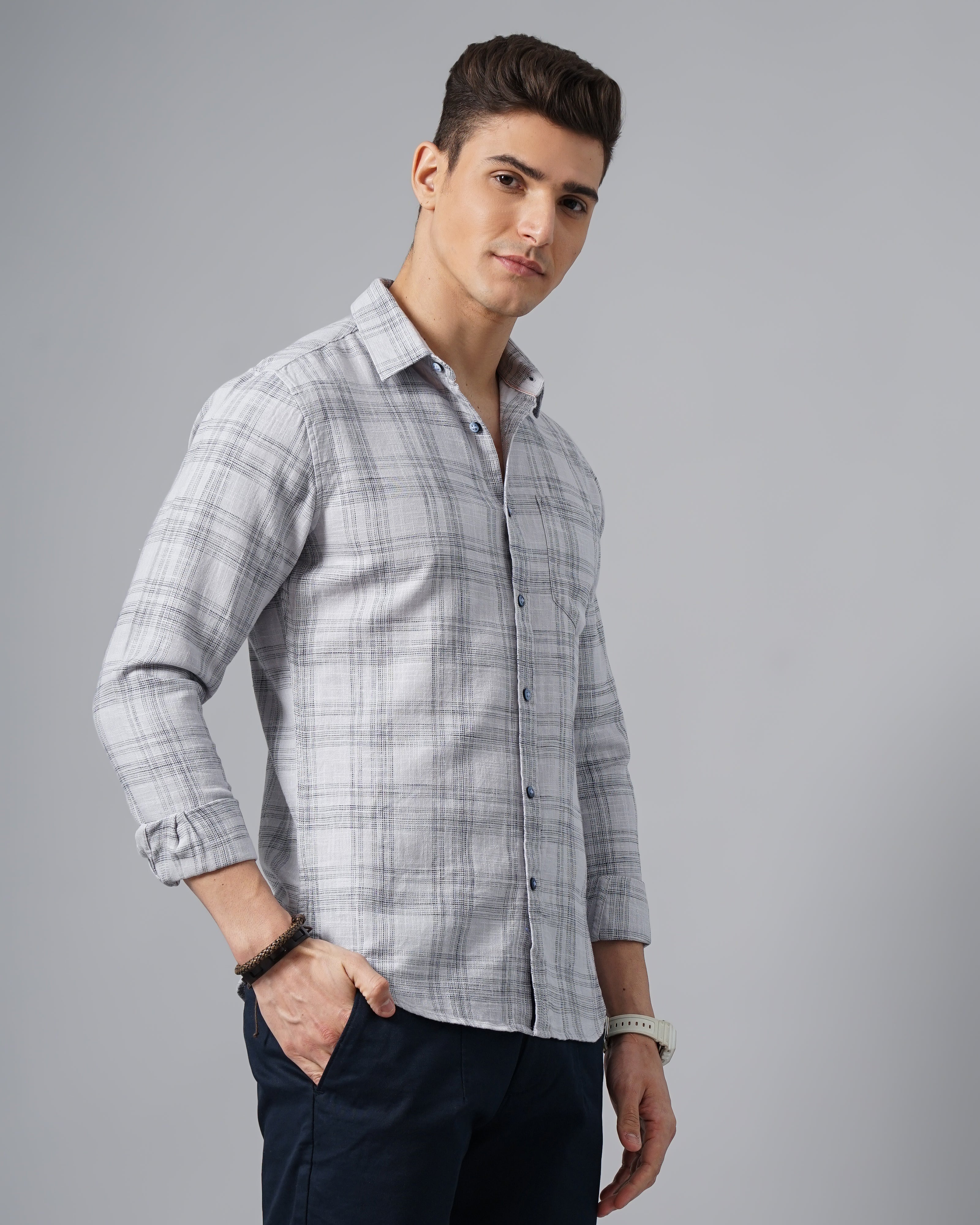Men Grey Cotton Slim Shirt