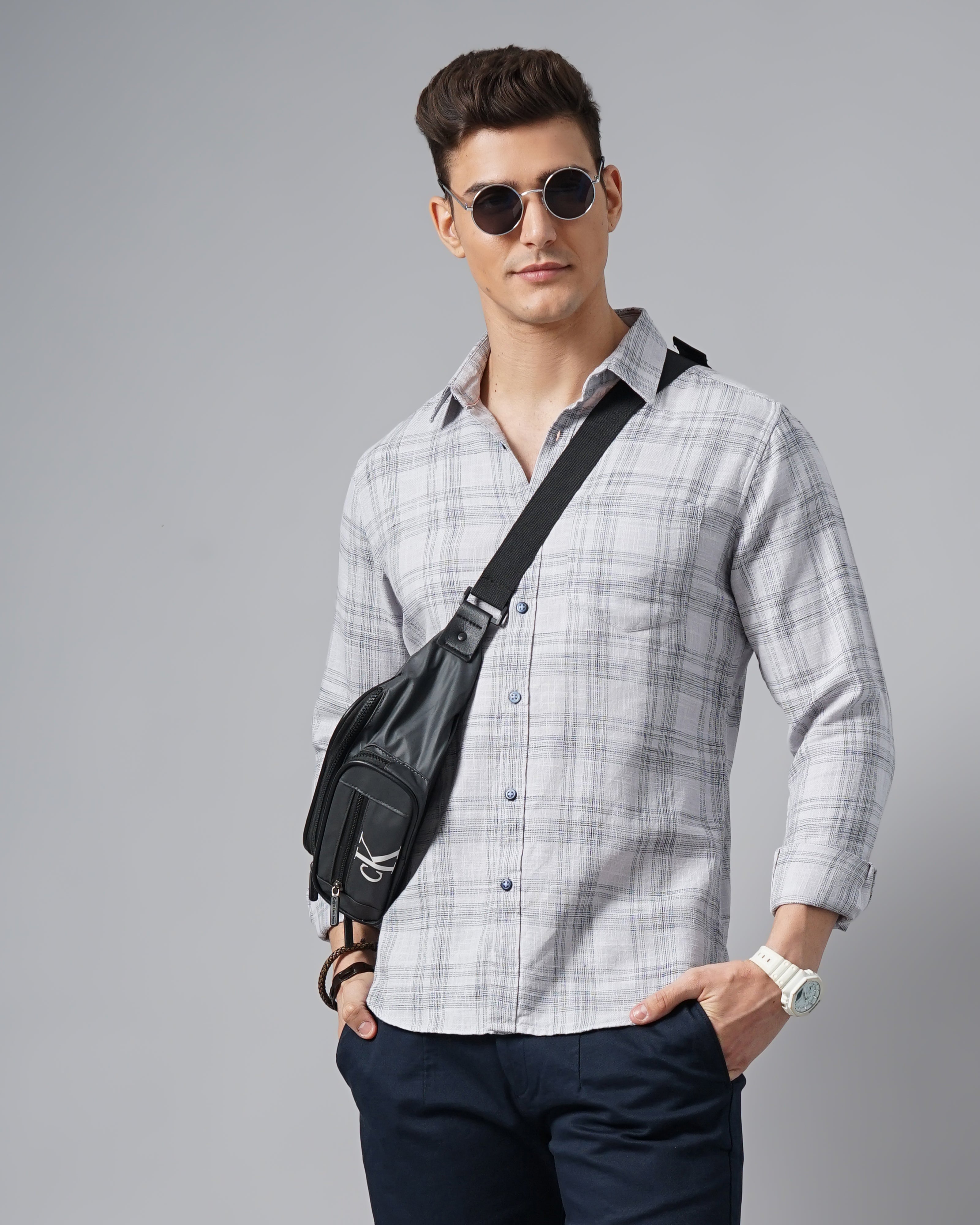 Men Grey Cotton Slim Shirt
