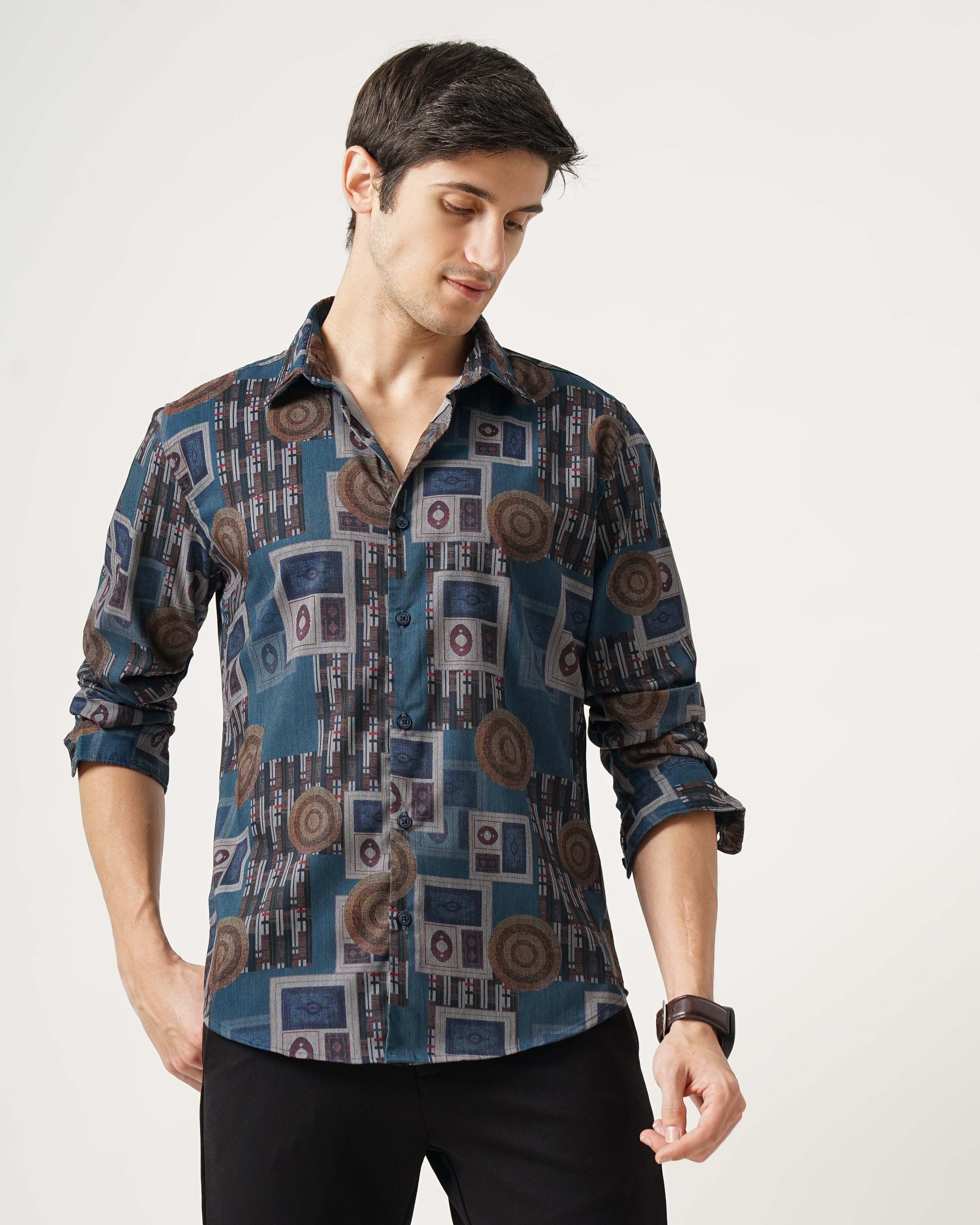 Men Blue Cotton Slim Shirt