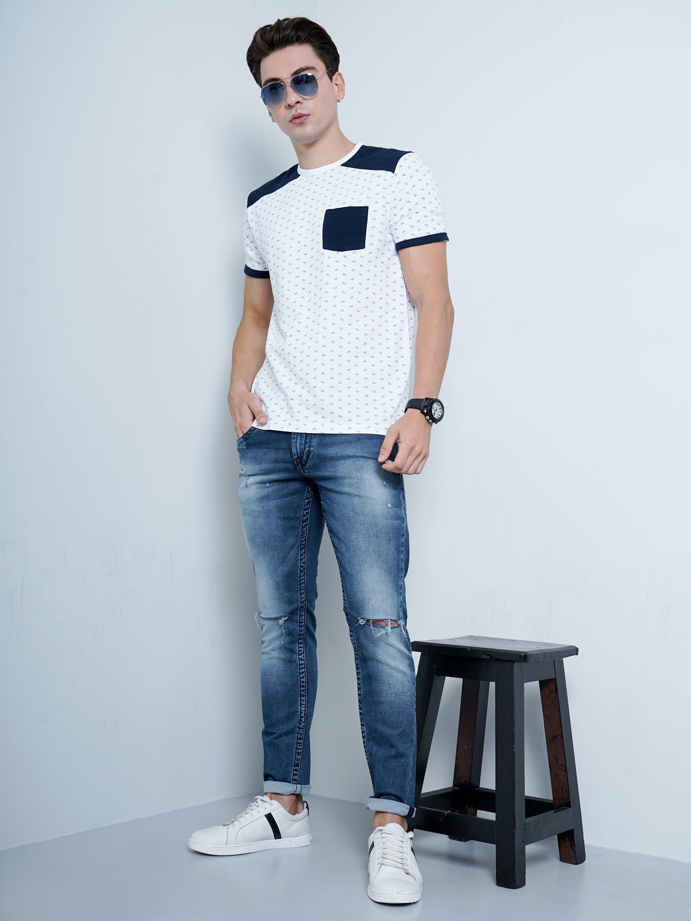Men Navy Pocket White T-Shirt