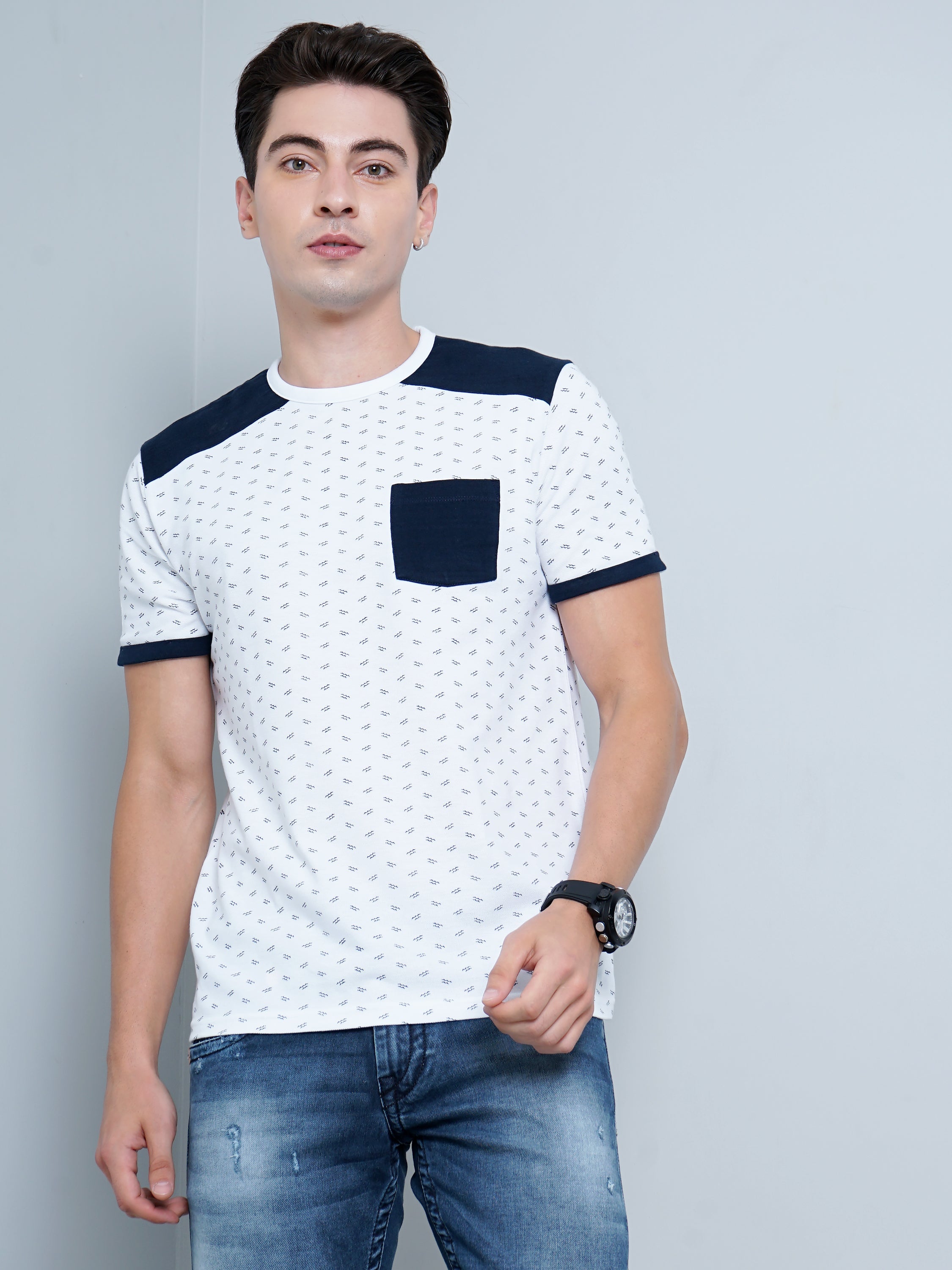 Men Navy Pocket White T-Shirt