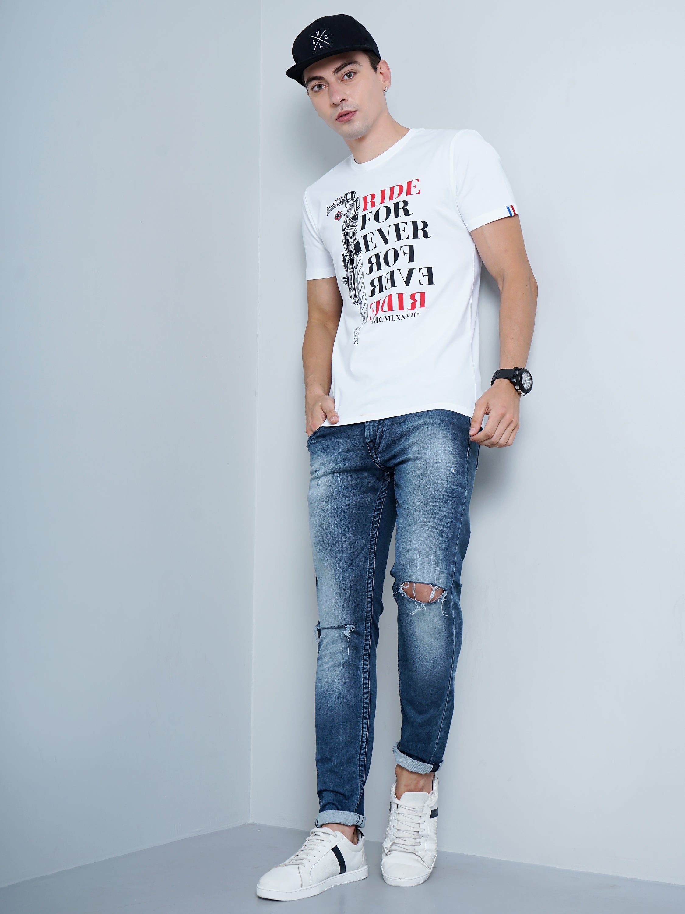 Men Bike Print White T-Shirt