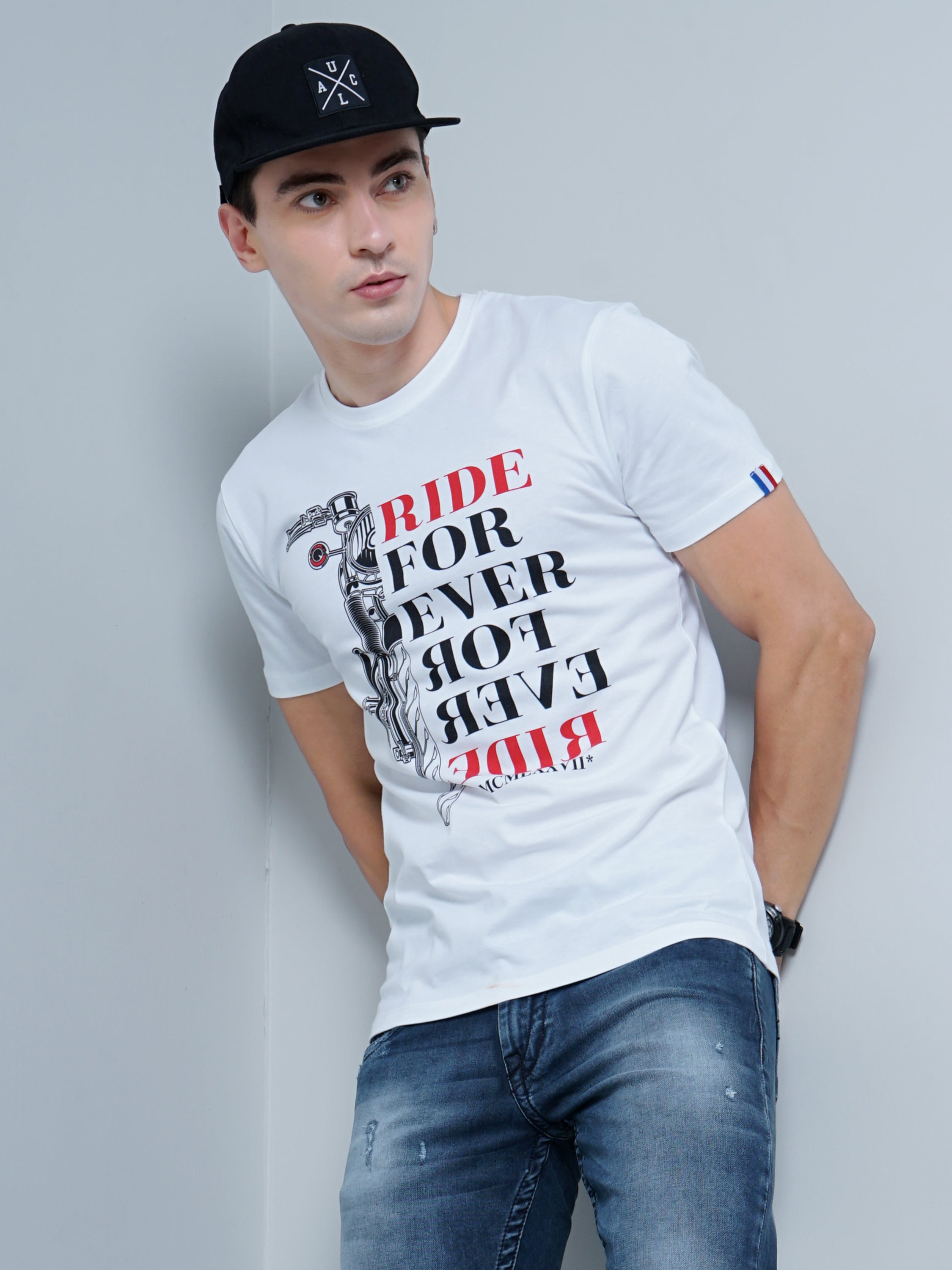 Men Bike Print White T-Shirt