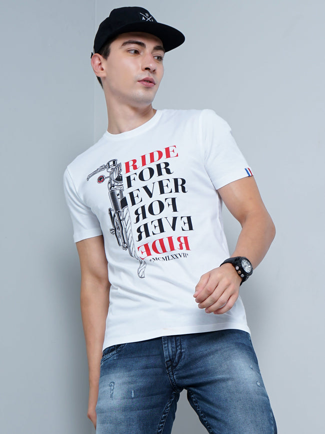 Men Bike Print White T-Shirt