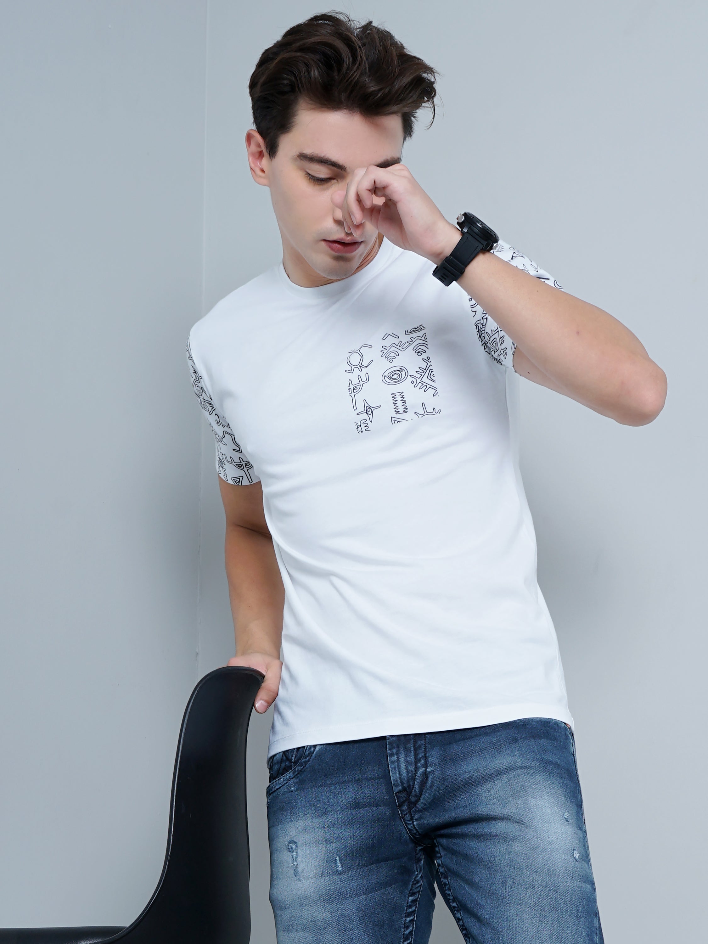 Men Sleeve Print White T-Shirt