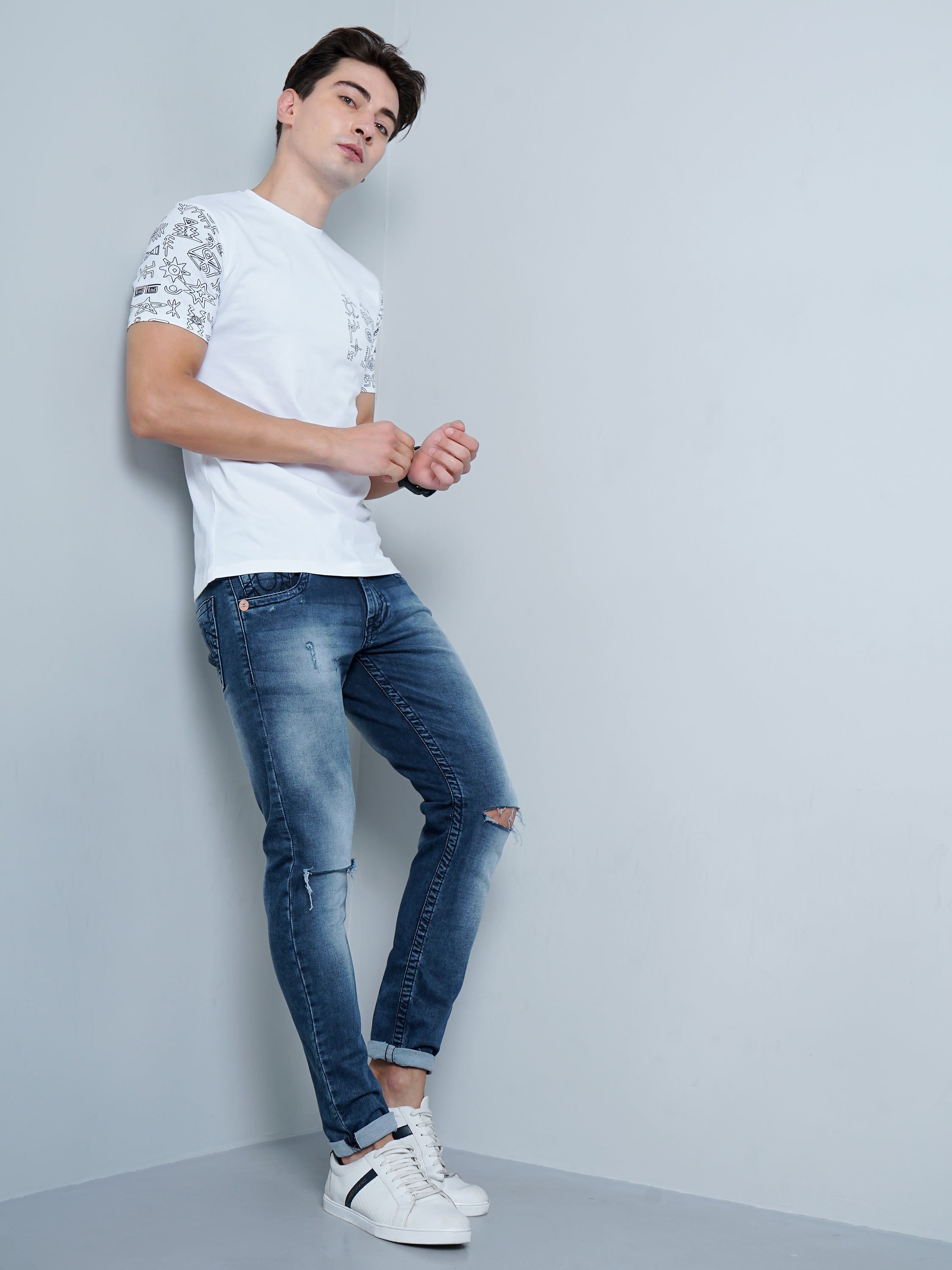 Men Sleeve Print White T-Shirt