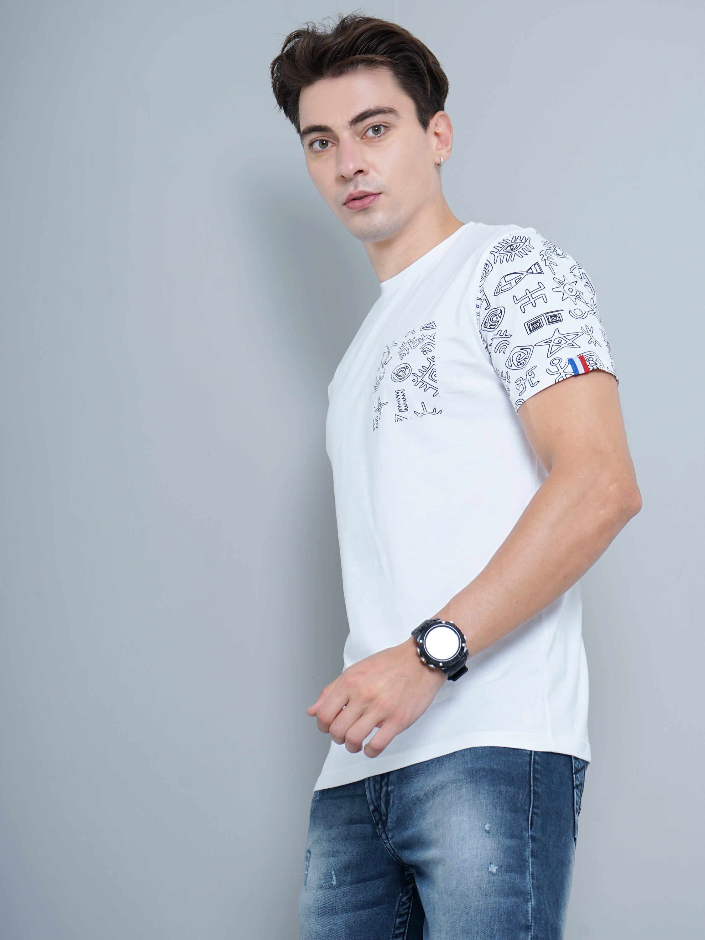 Men Sleeve Print White T-Shirt