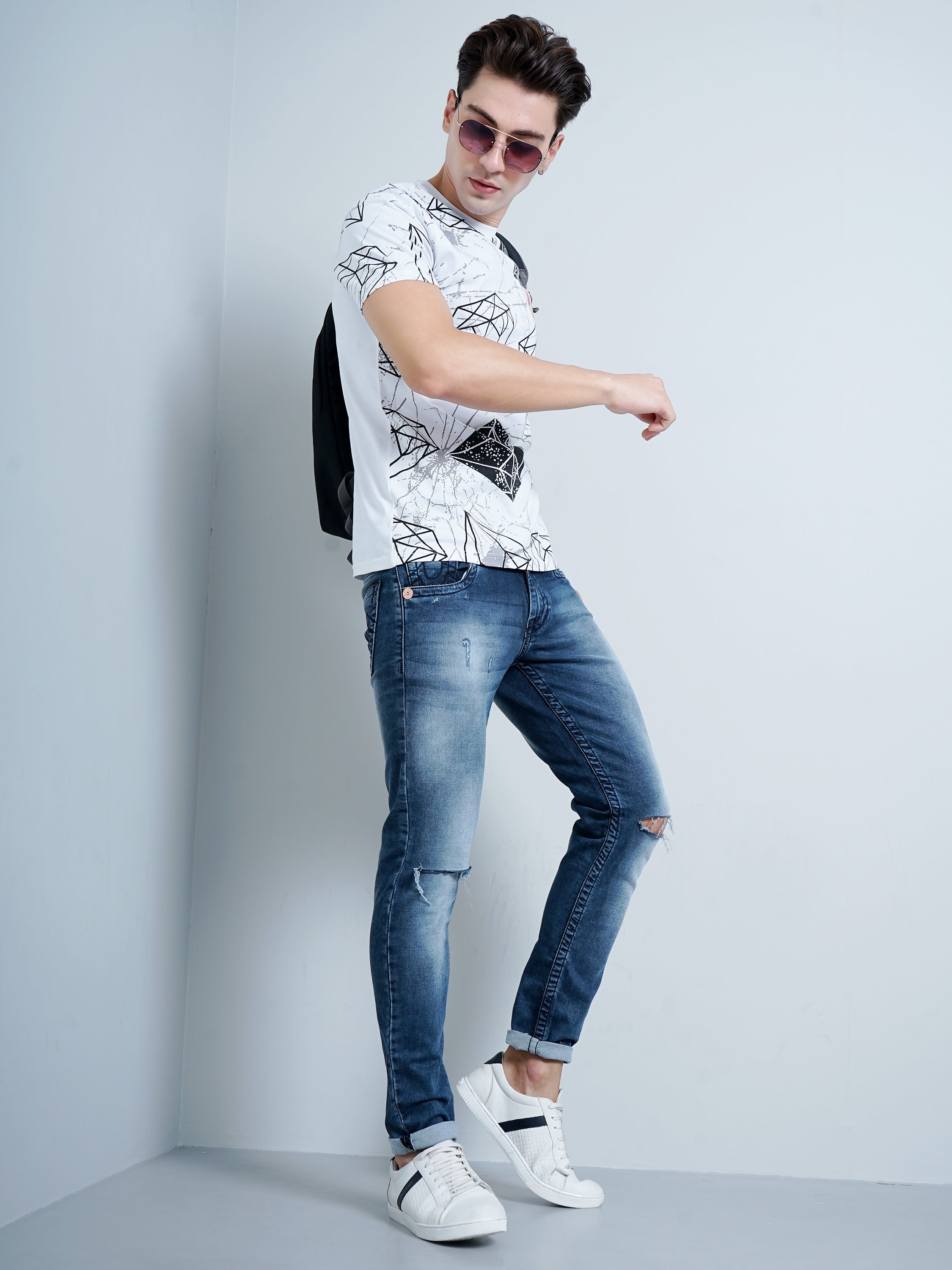 Men Diamond Print White T-Shirt