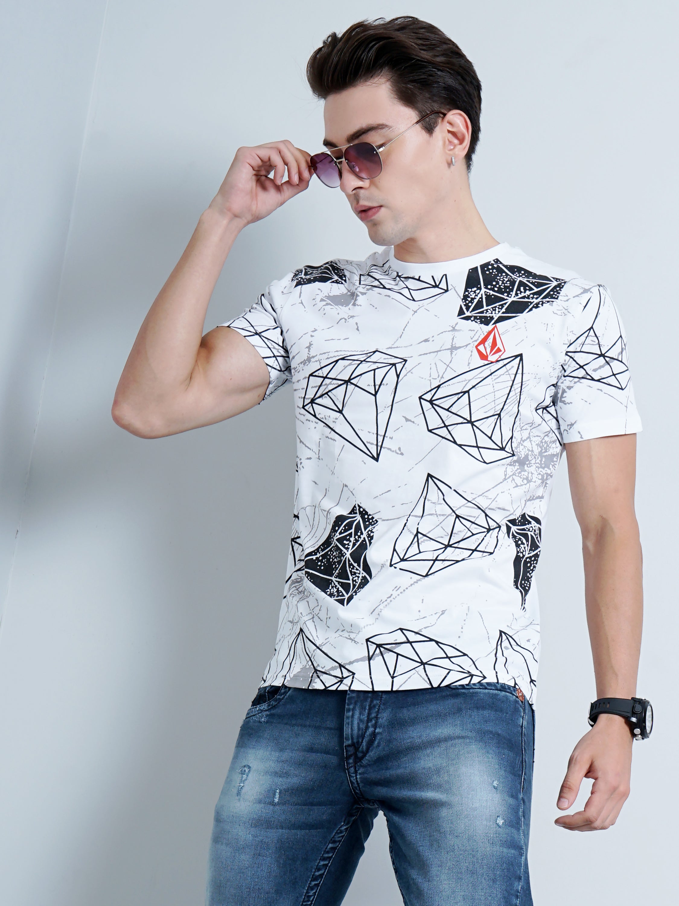 Men Diamond Print White T-Shirt