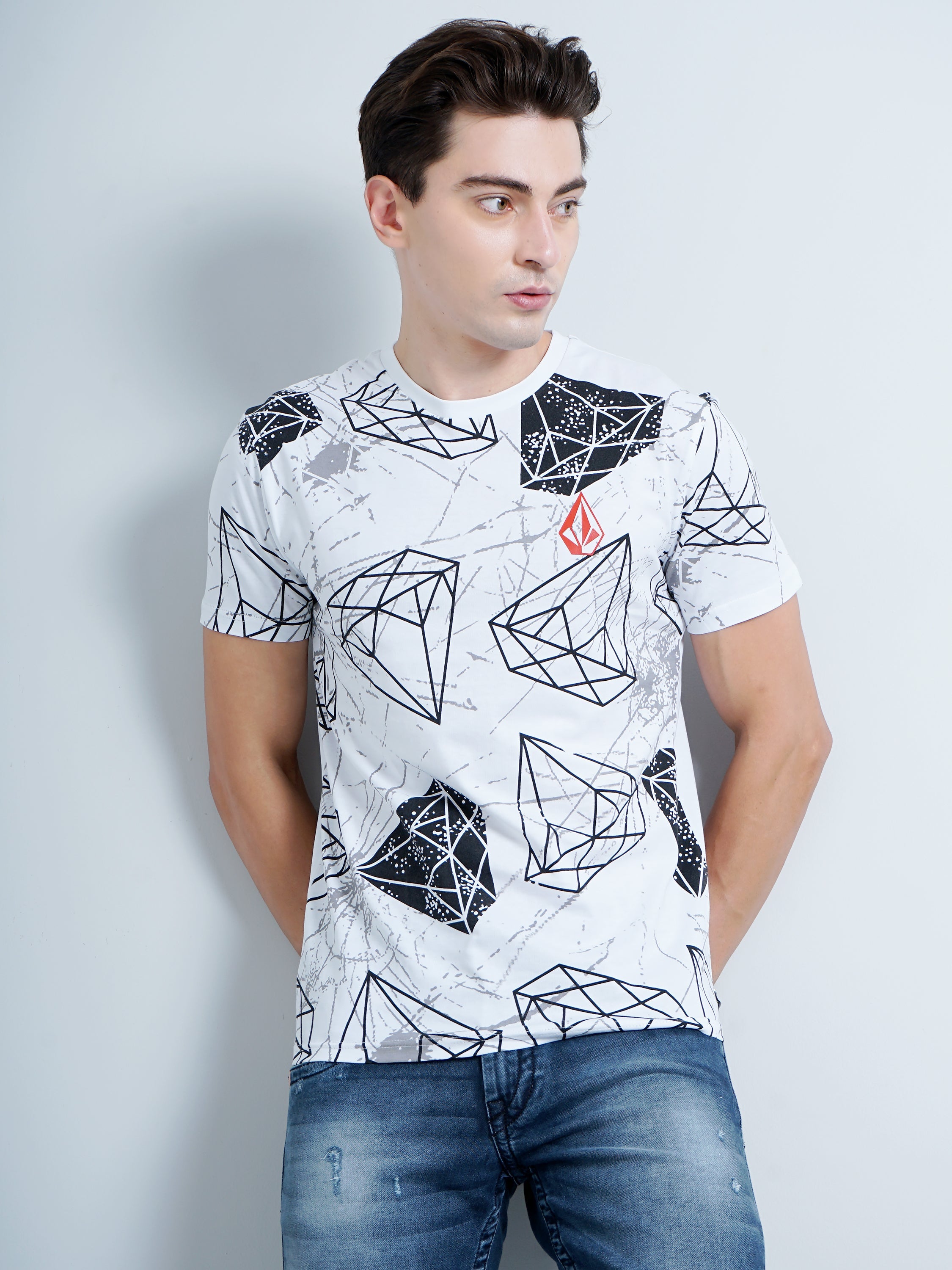 Men Diamond Print White T-Shirt