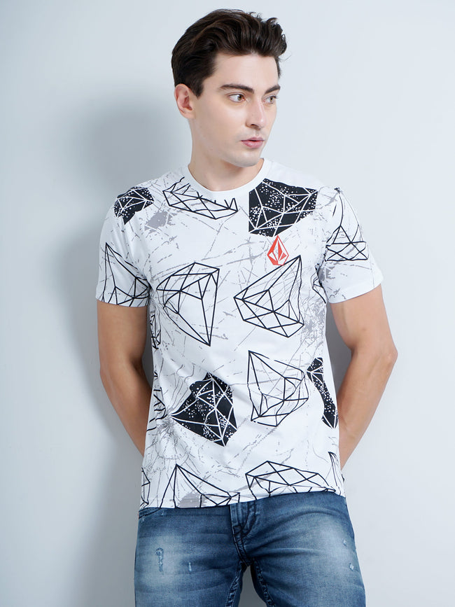 Men Diamond Print White T-Shirt