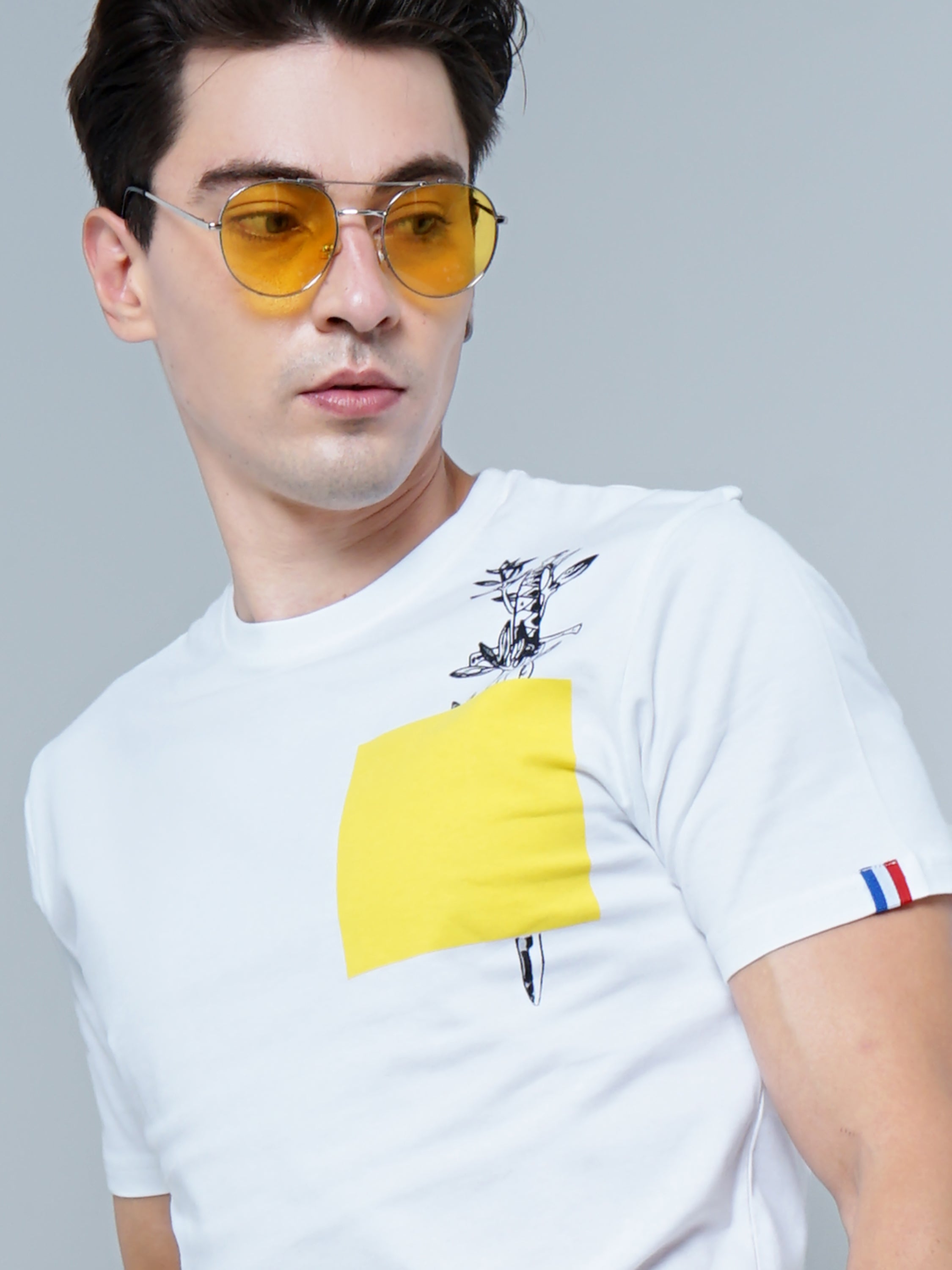 Men Yellow Patch White T-Shirt