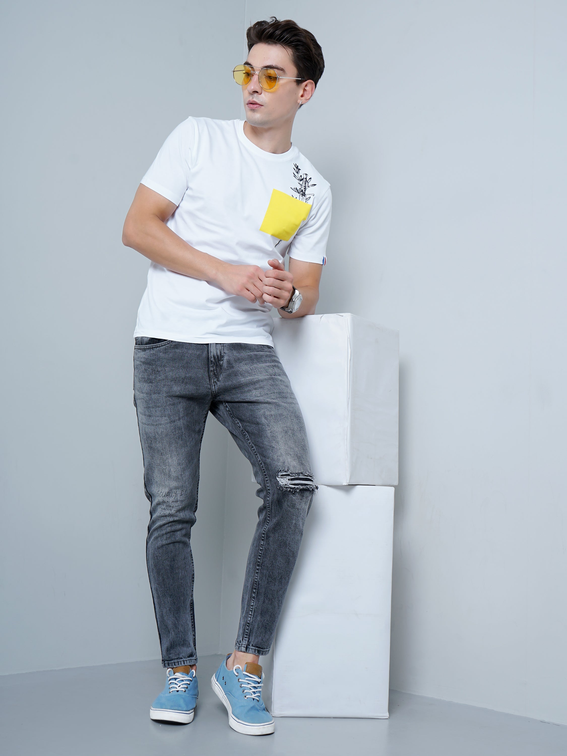 Men Yellow Patch White T-Shirt