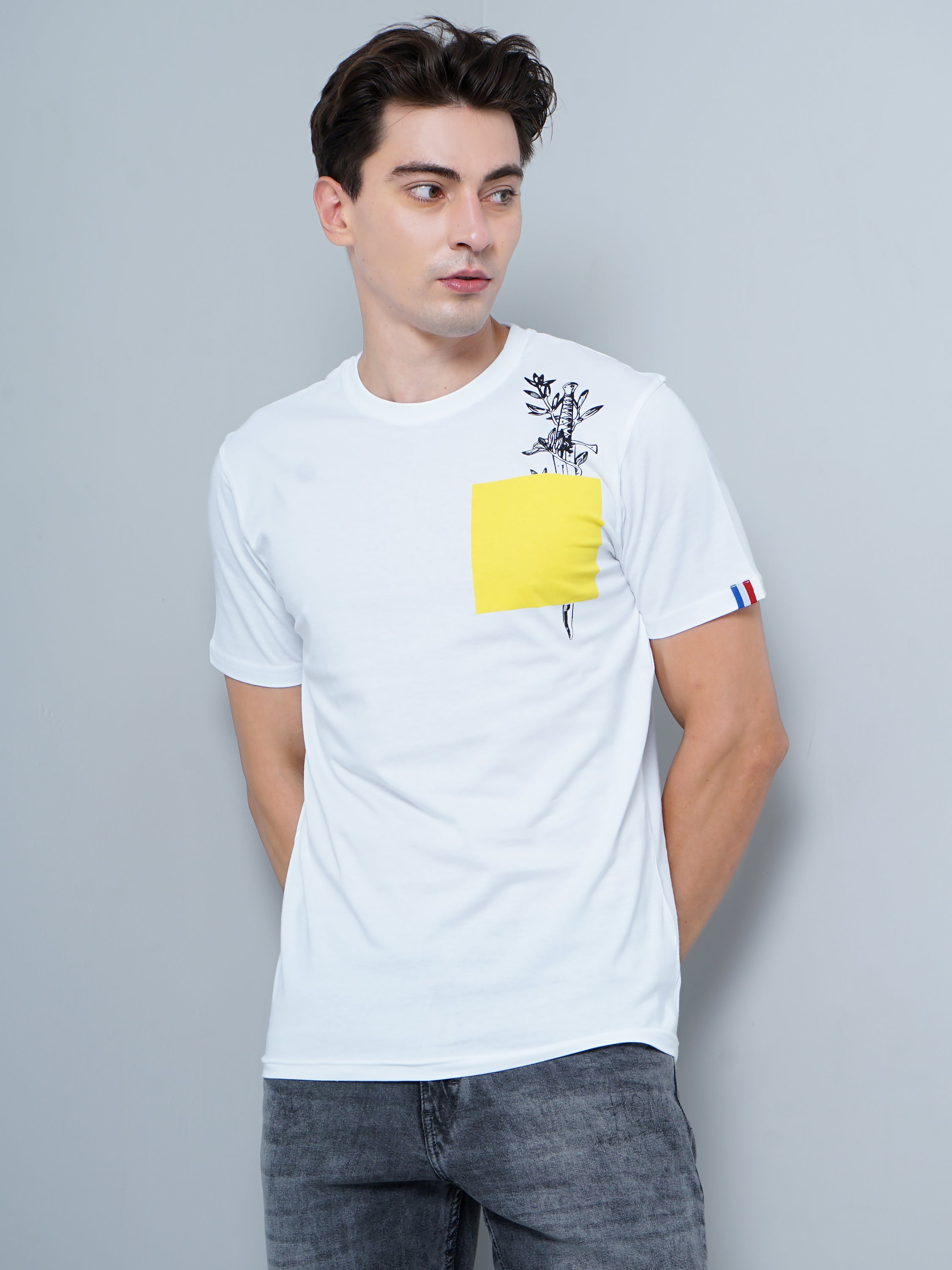 Men Yellow Patch White T-Shirt