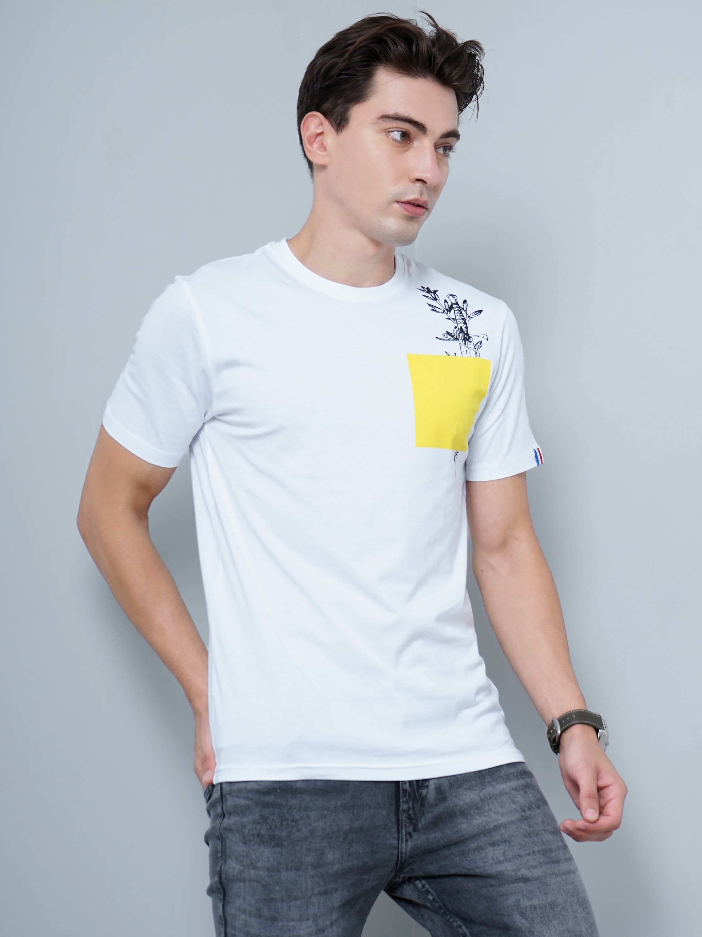 Men Yellow Patch White T-Shirt