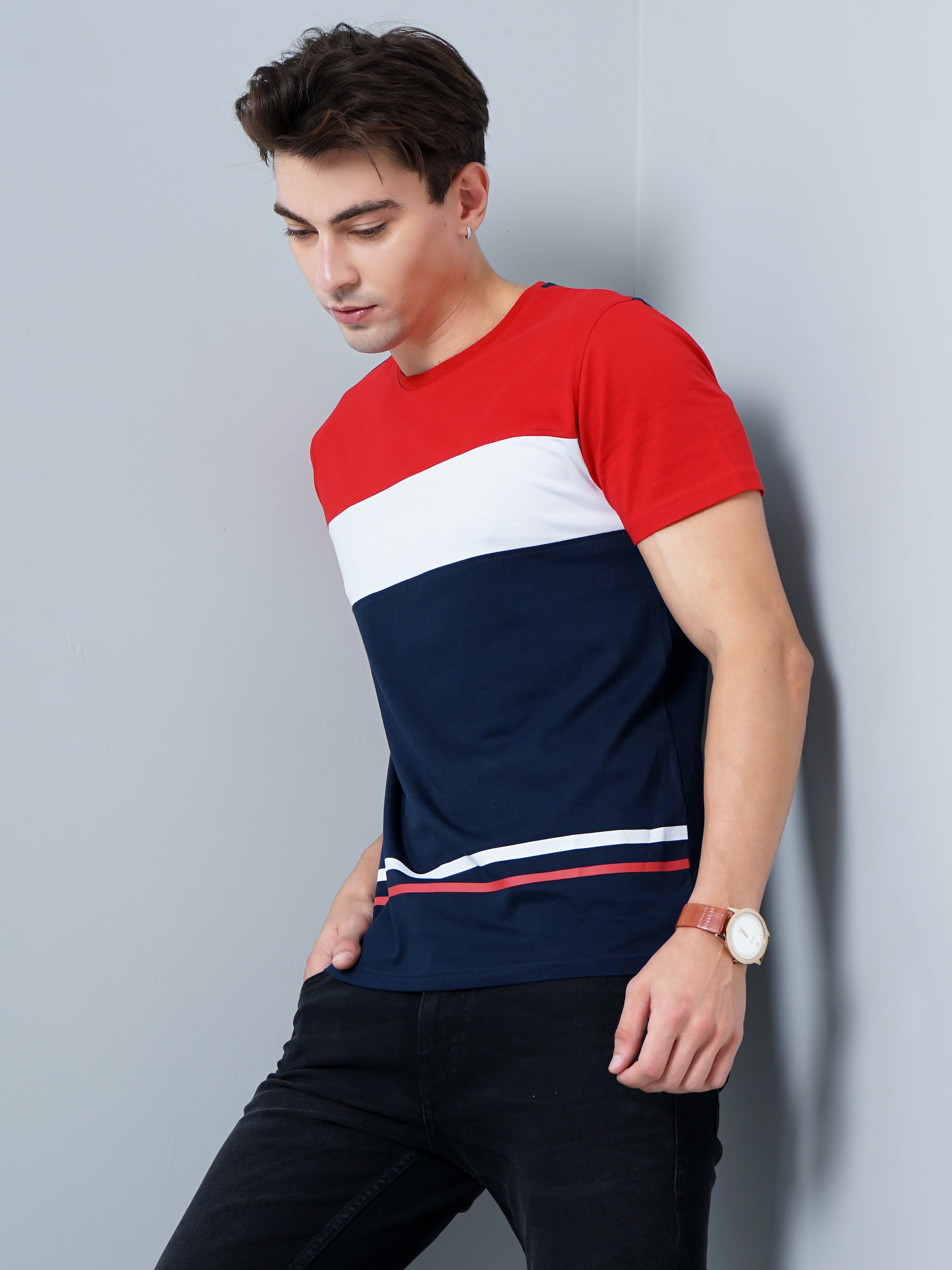 Men Color Block Navy T-Shirt