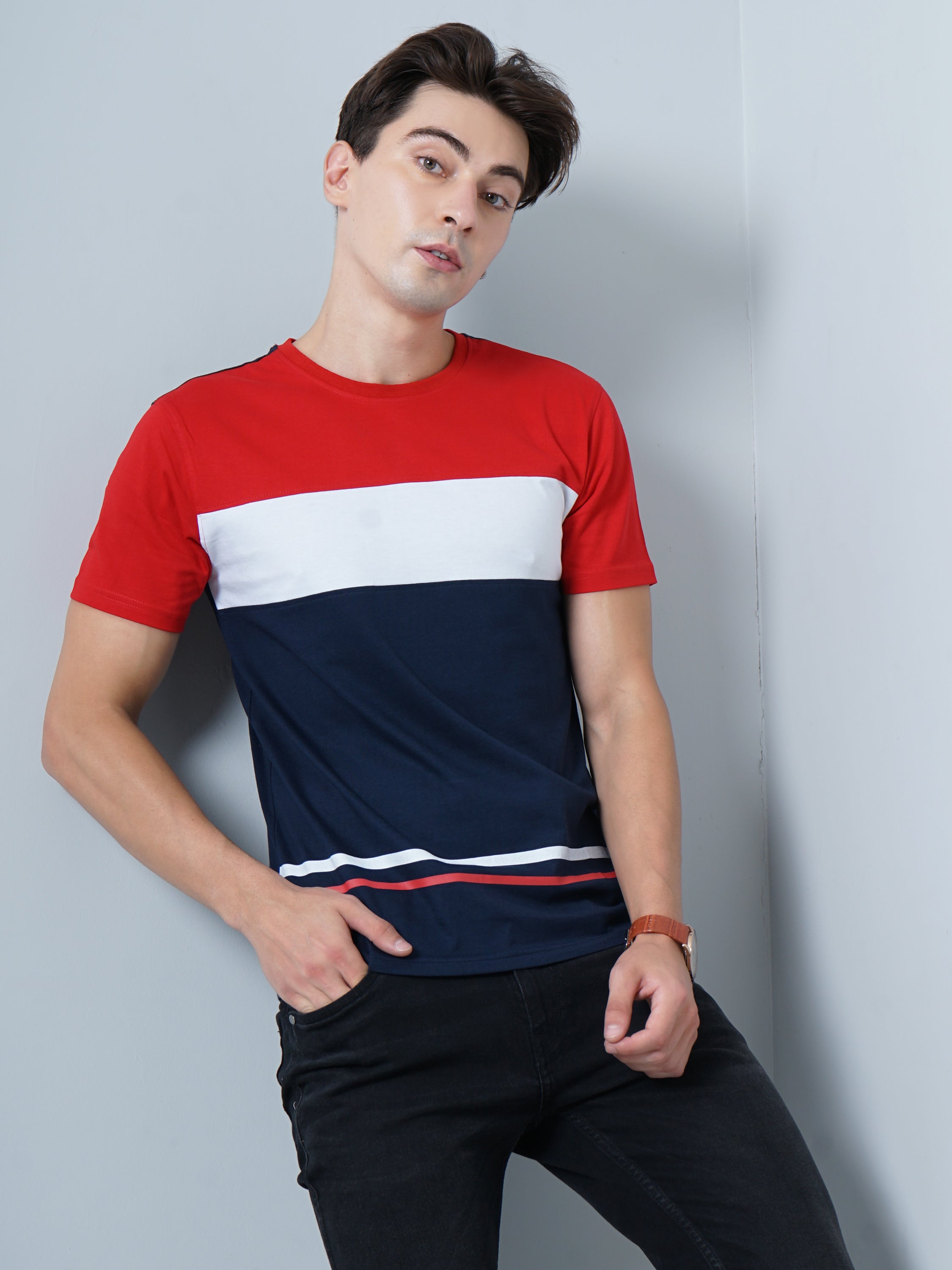Men Color Block Navy T-Shirt