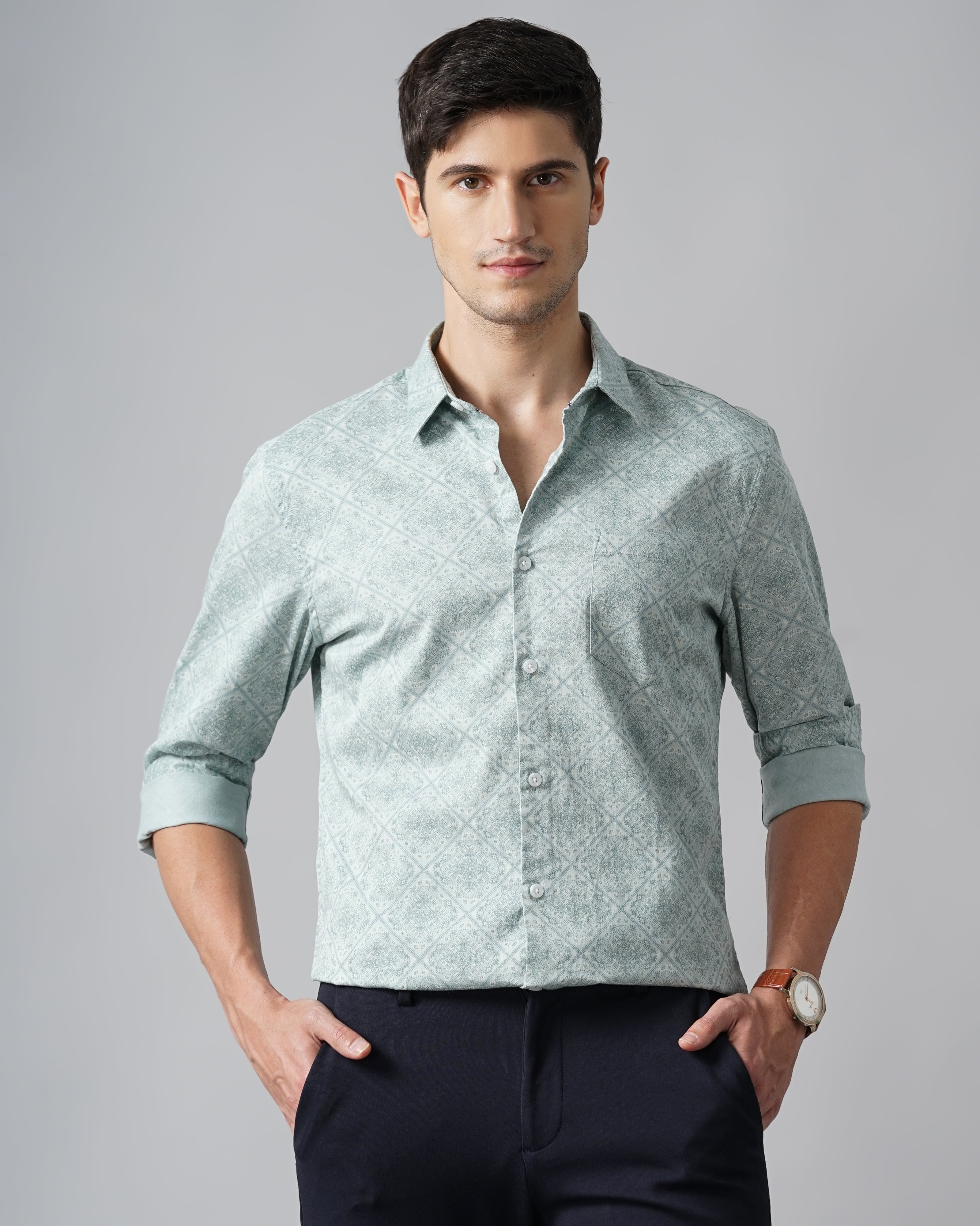 Men Green Cotton Slim Shirt