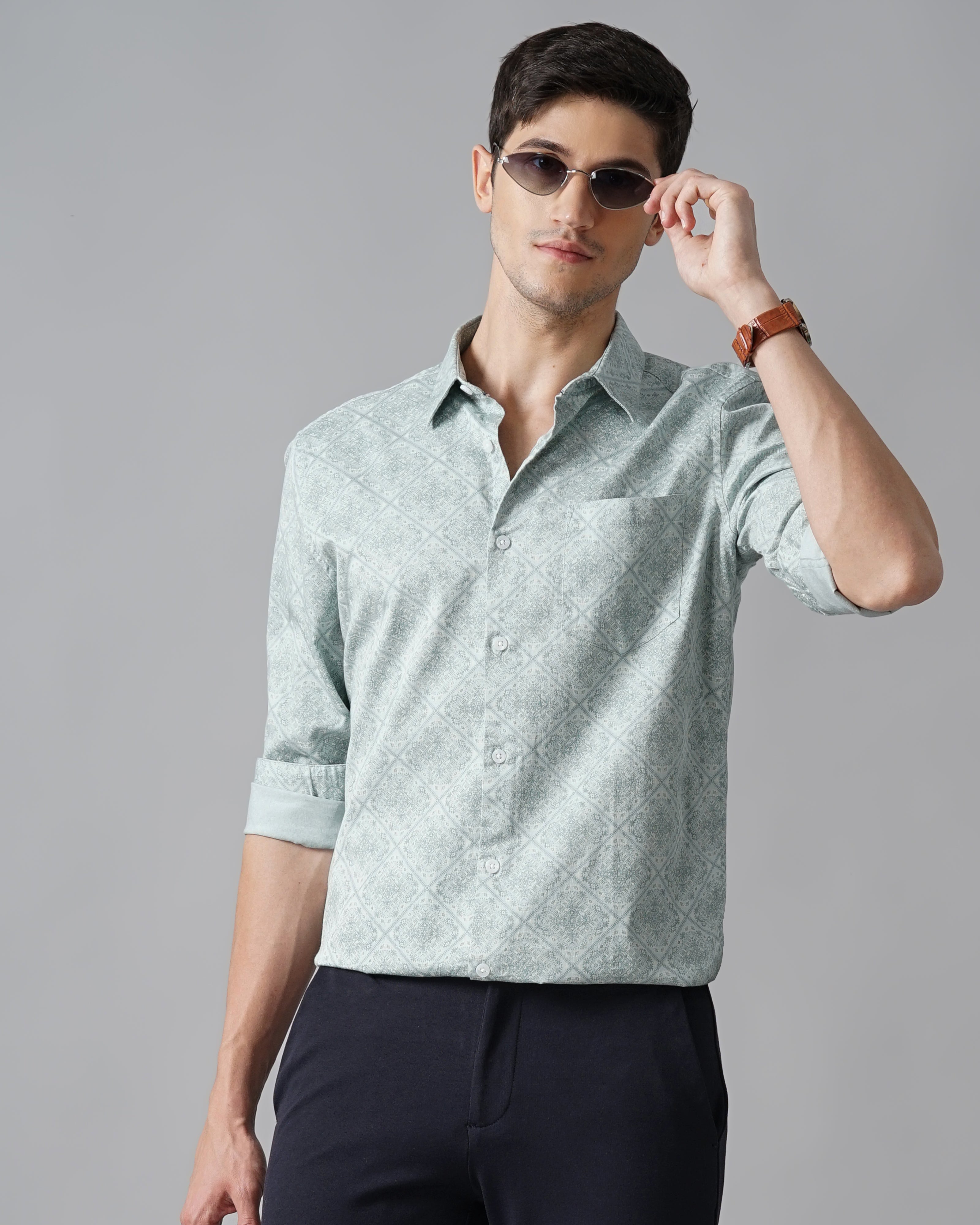 Men Green Cotton Slim Shirt