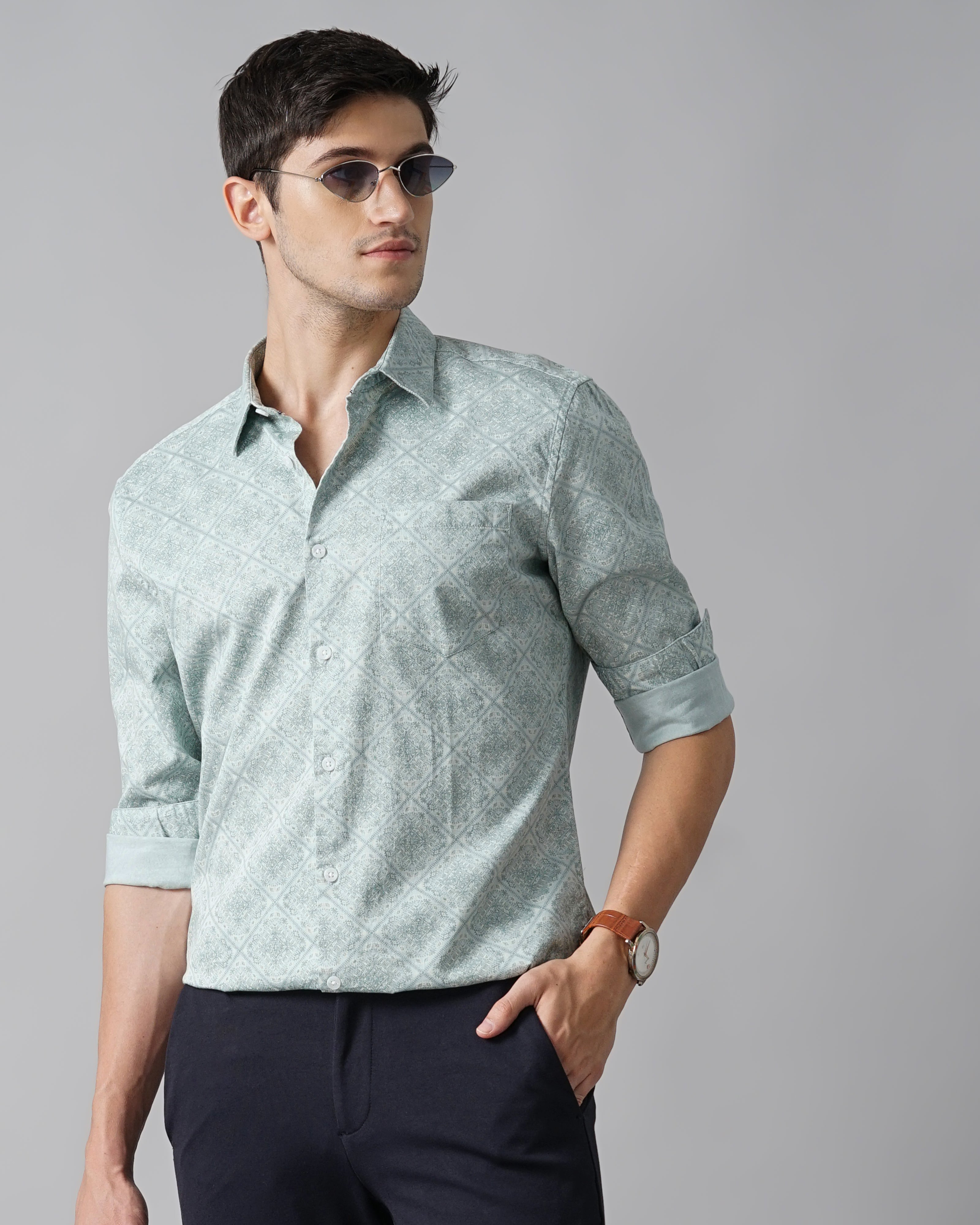 Men Green Cotton Slim Shirt