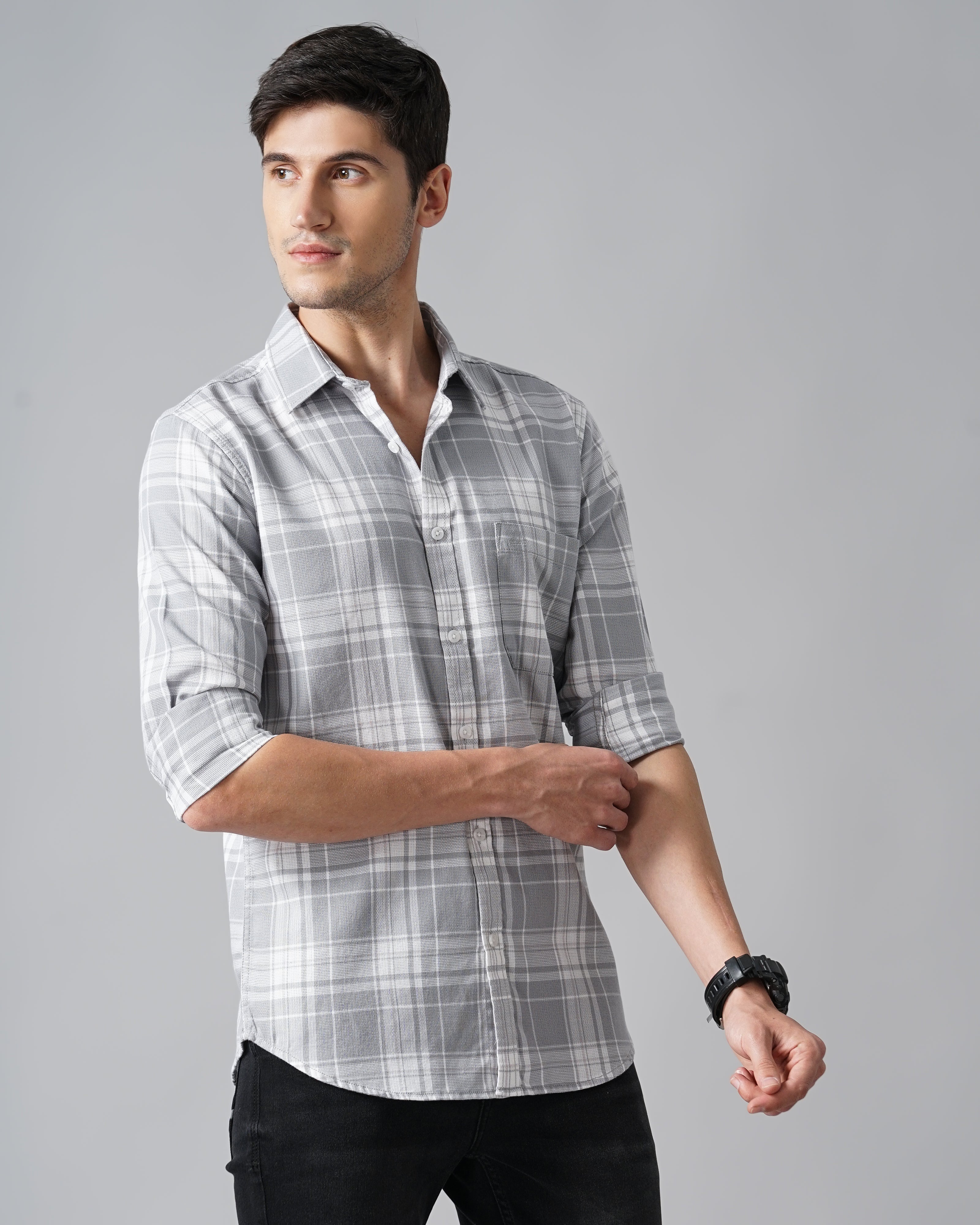 Men Grey Cotton Slim Shirt