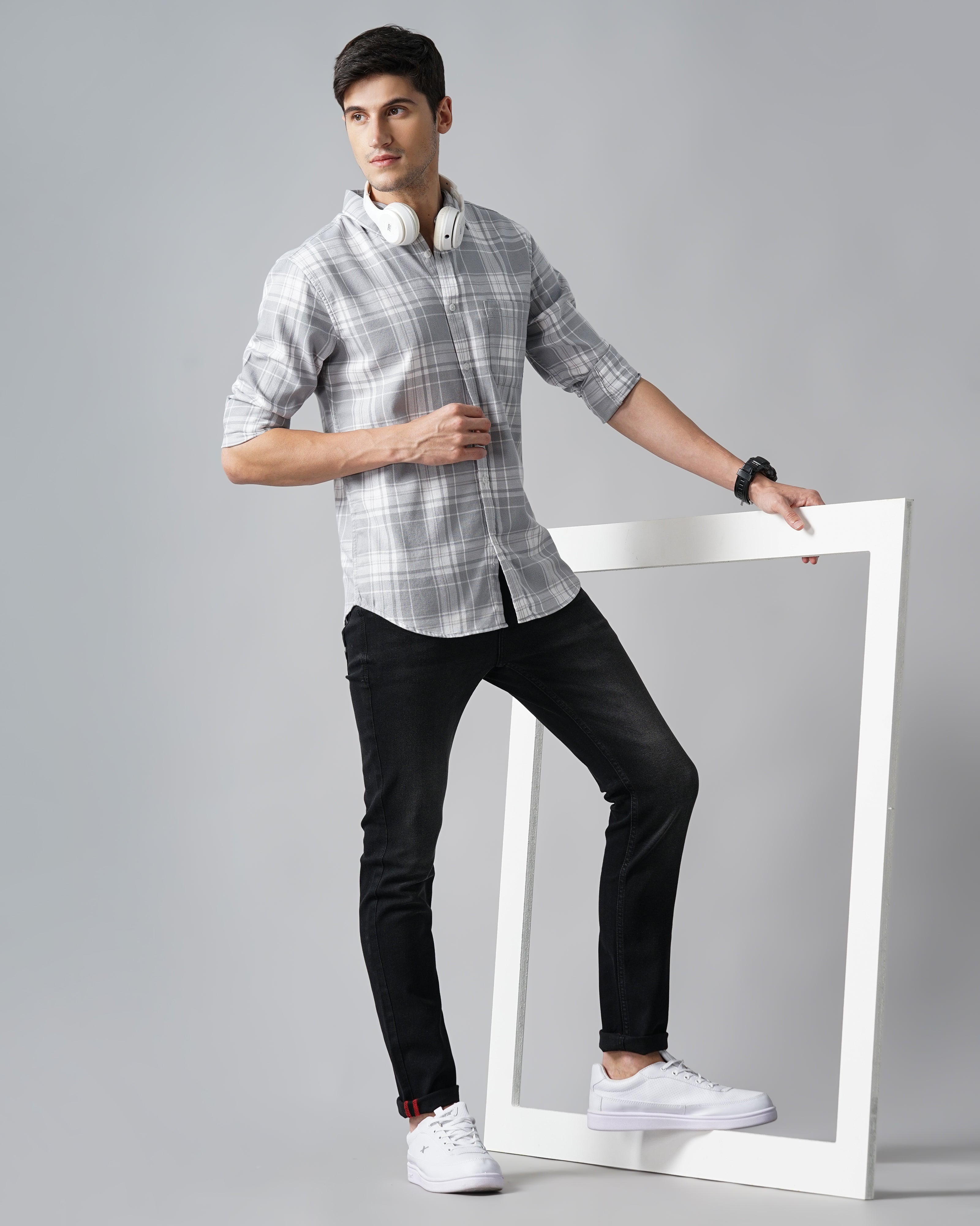 Men Grey Cotton Slim Shirt