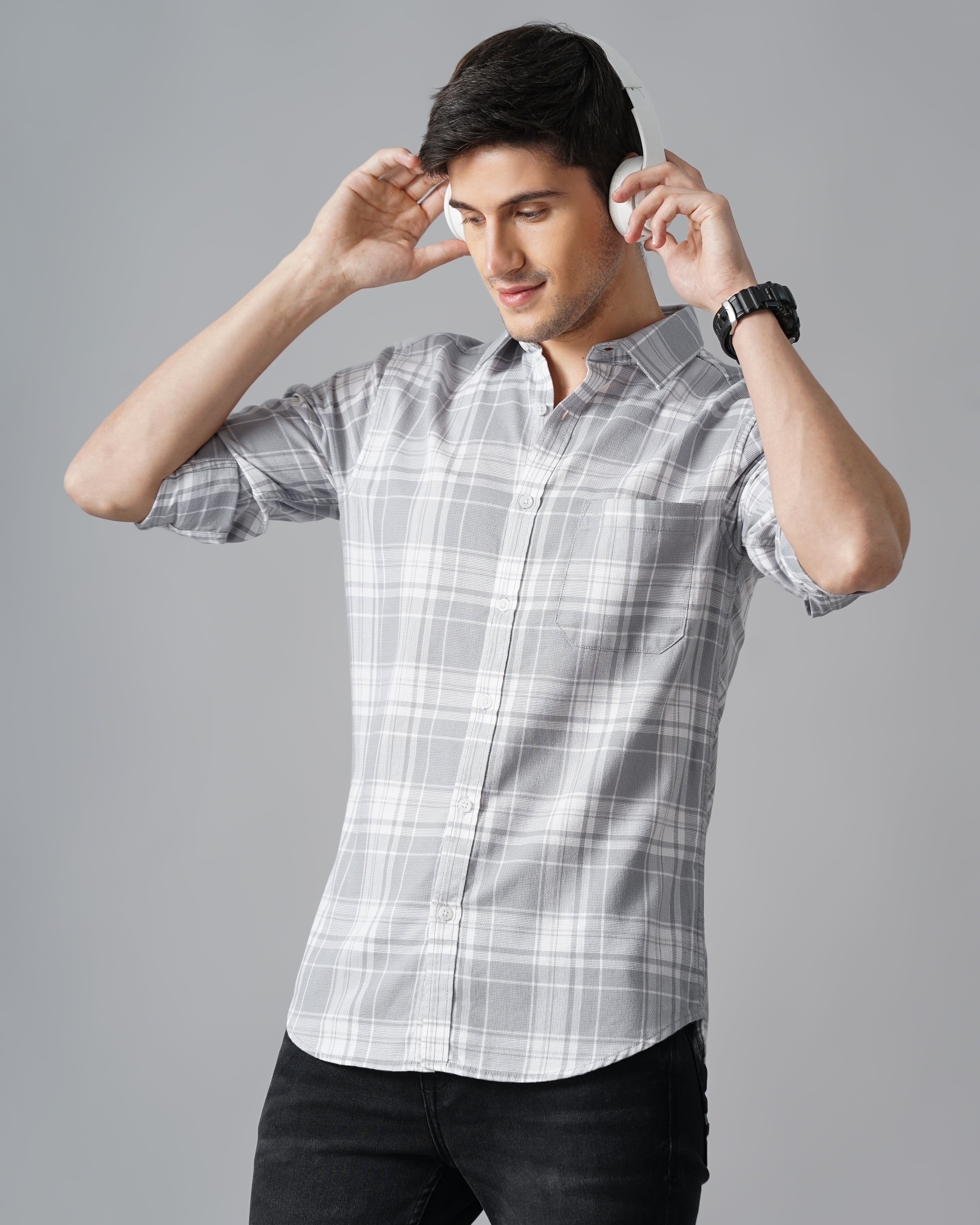 Men Grey Cotton Slim Shirt