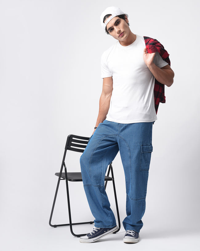 Men Blue Denim Cargo Pants