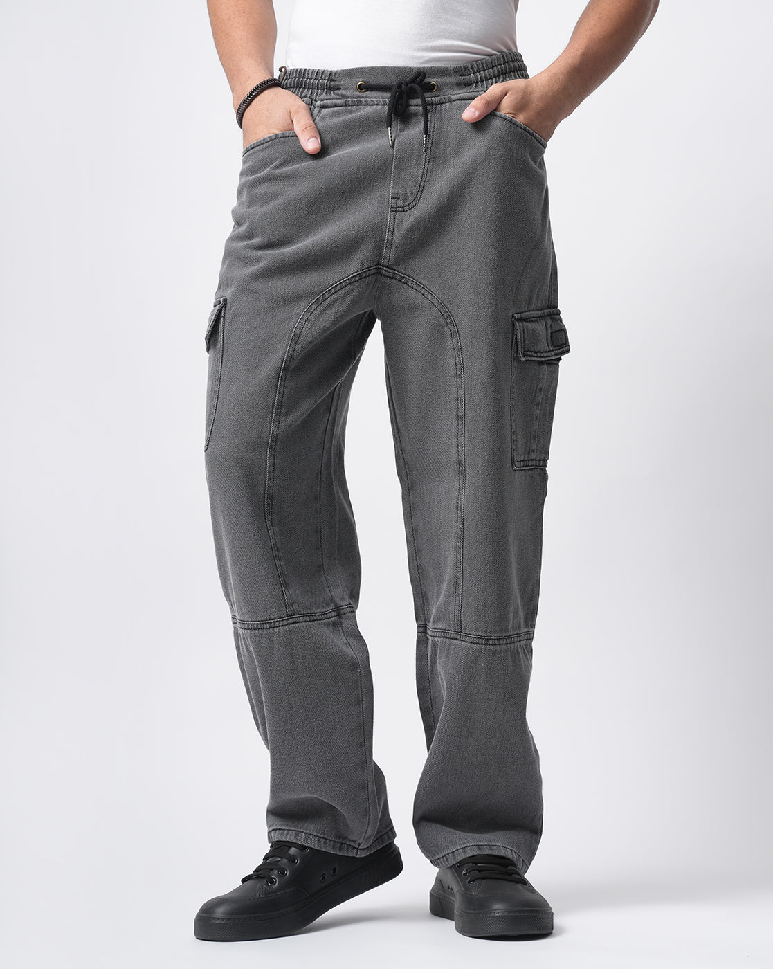 Men Grey Denim Cargo Pants