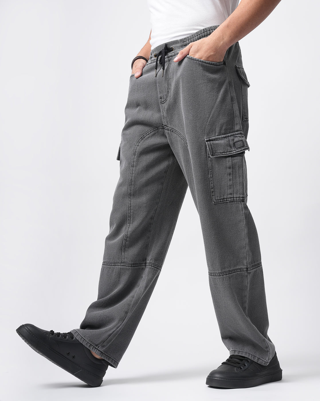 Men Grey Denim Cargo Pants