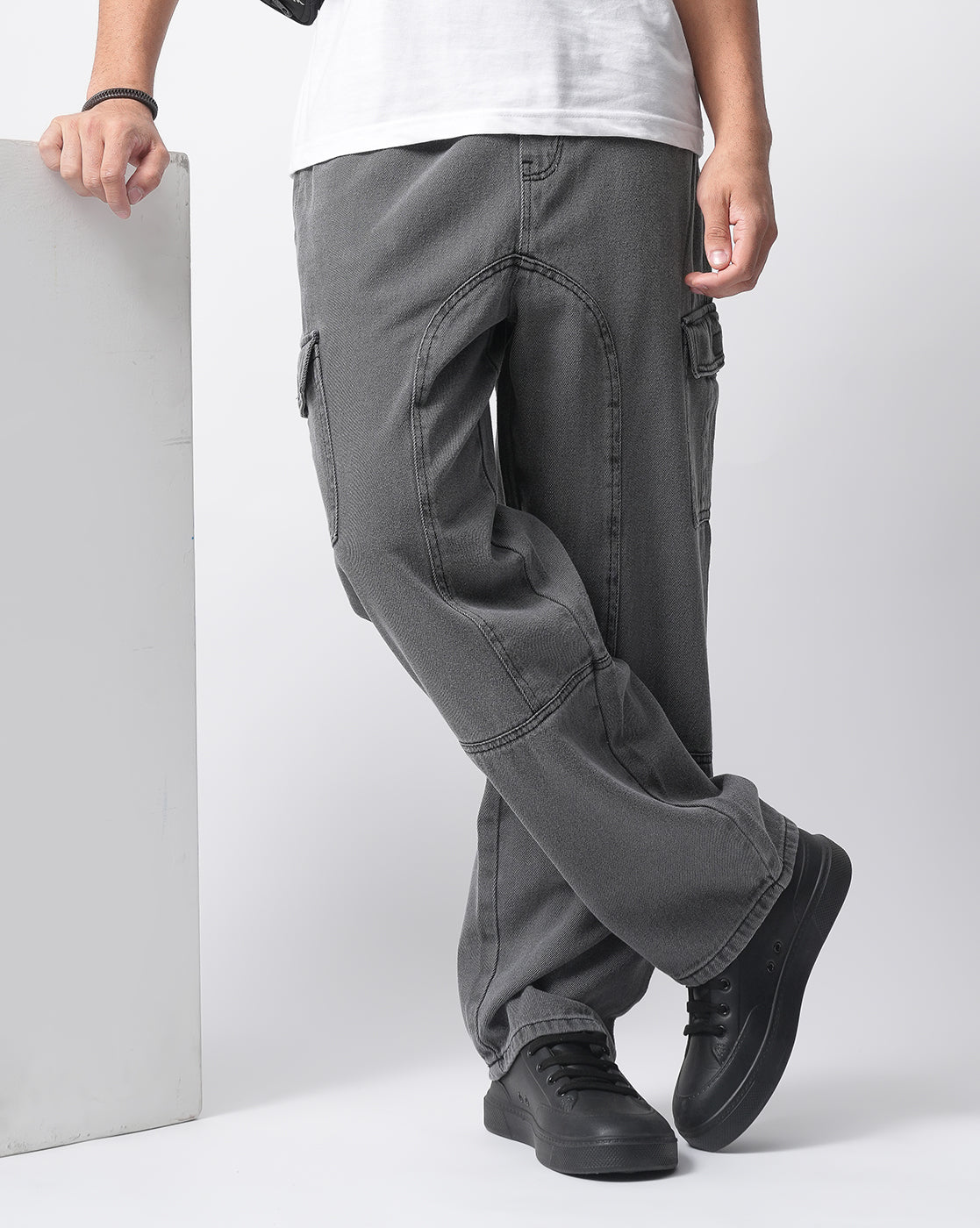 Men Grey Denim Cargo Pants