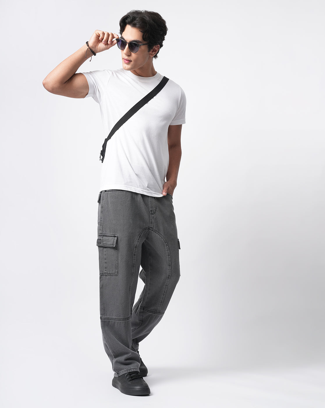 Men Grey Denim Cargo Pants