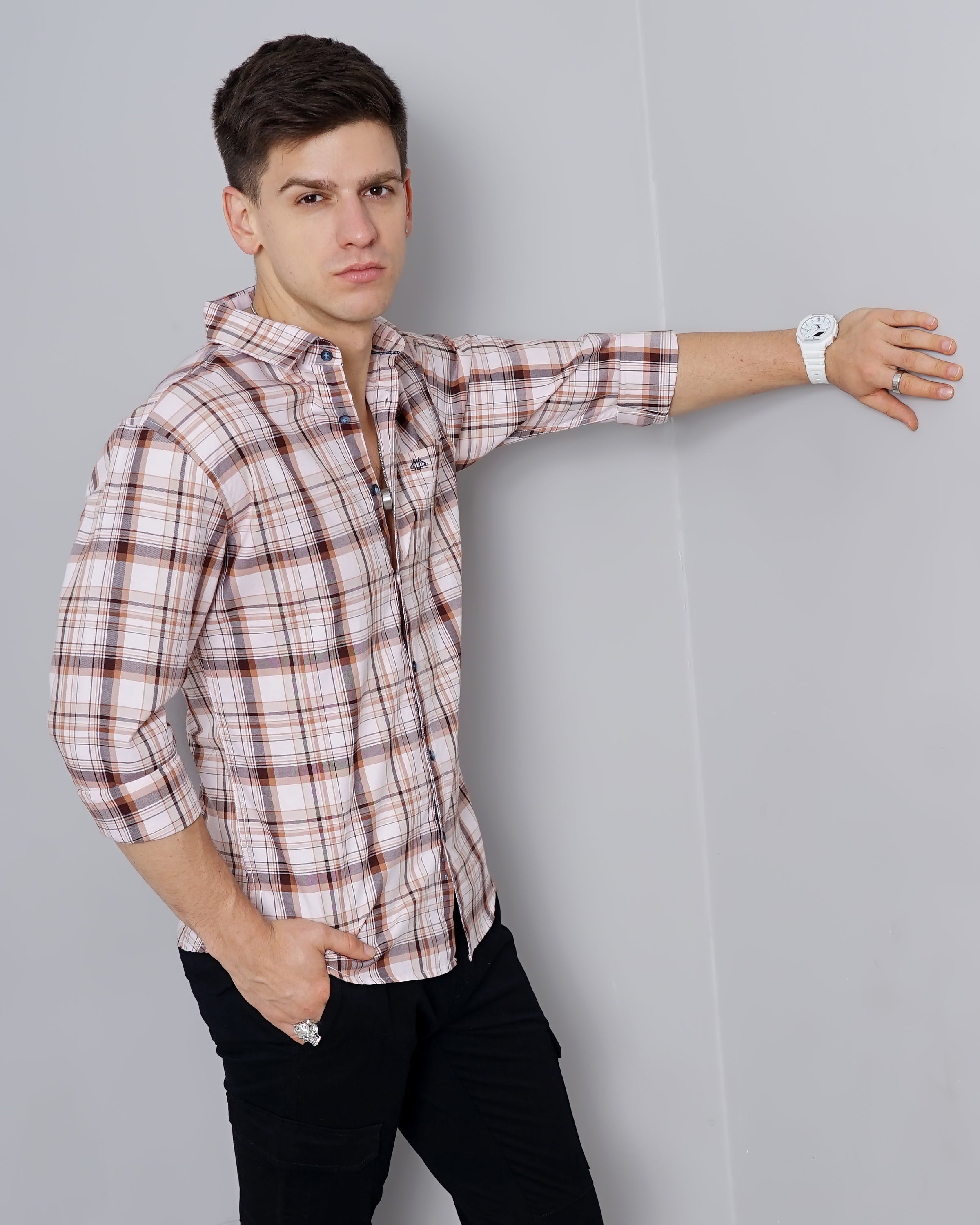 Men Orange Cotton Slim Shirt