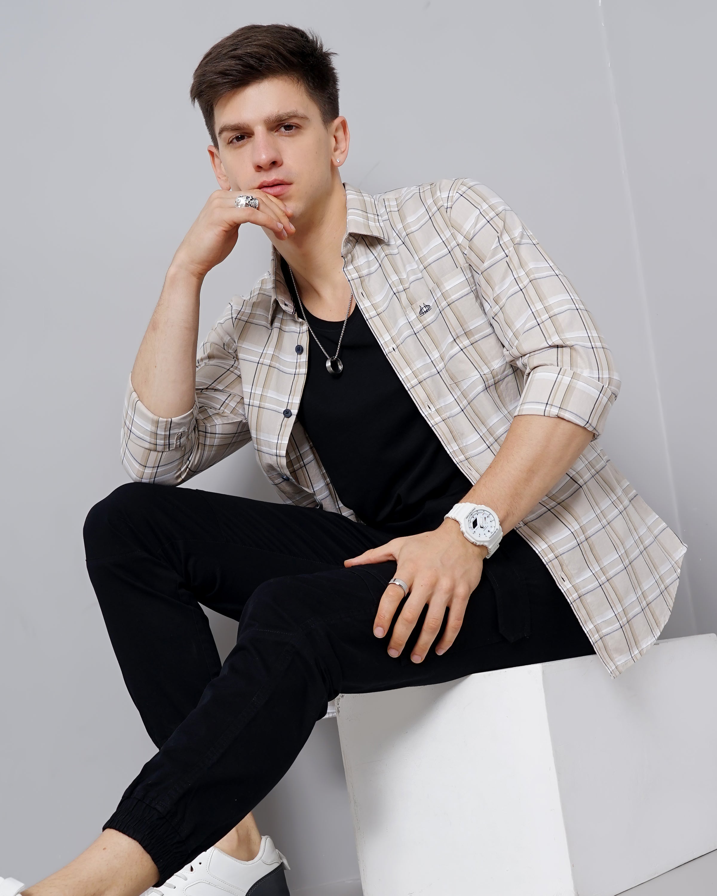 Men Beige Cotton Slim Shirt