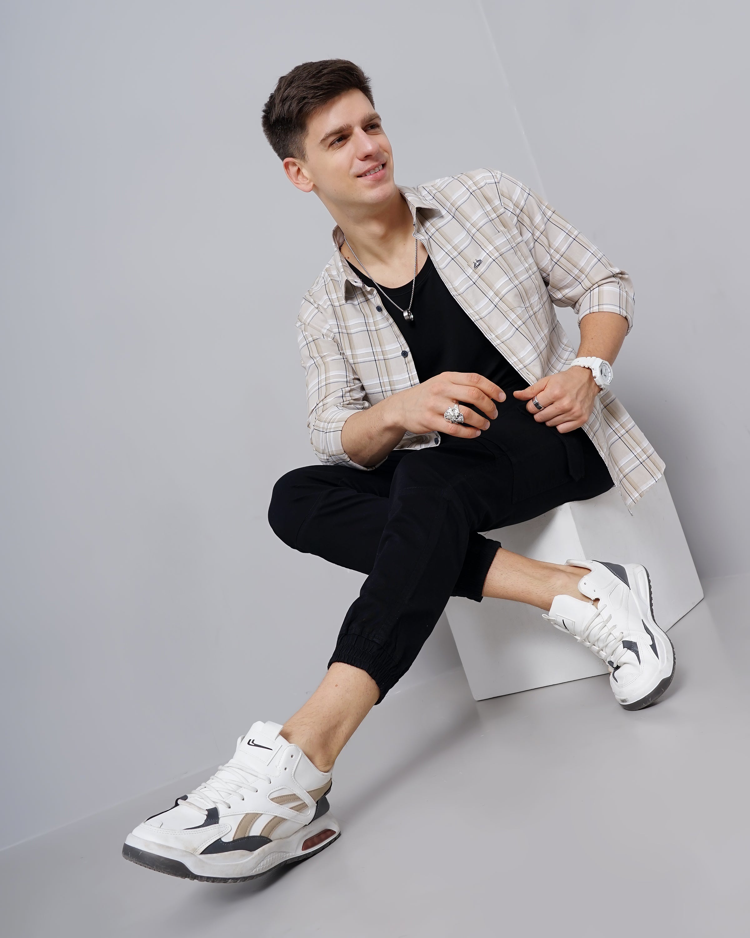 Men Beige Cotton Slim Shirt