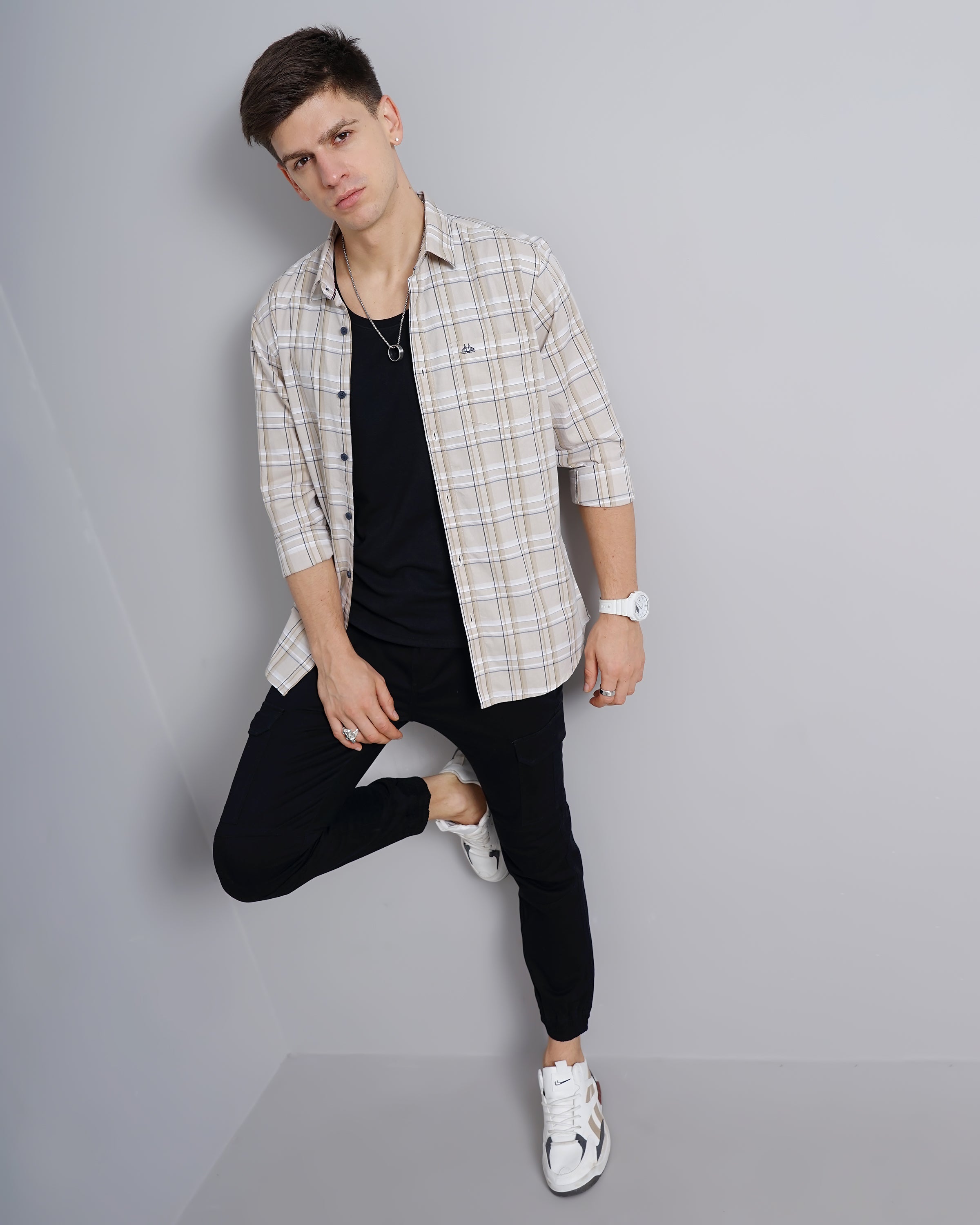 Men Beige Cotton Slim Shirt