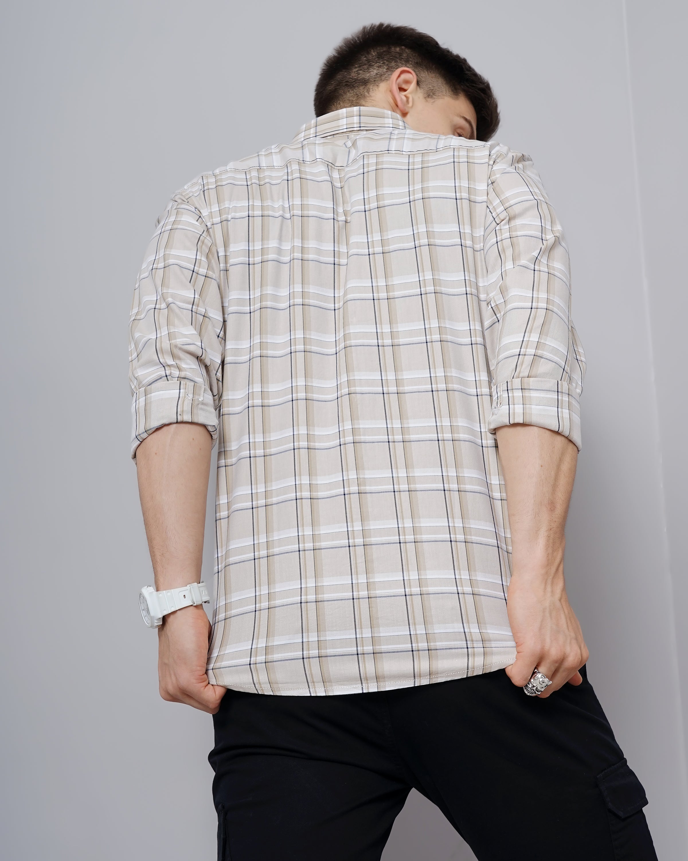 Men Beige Cotton Slim Shirt