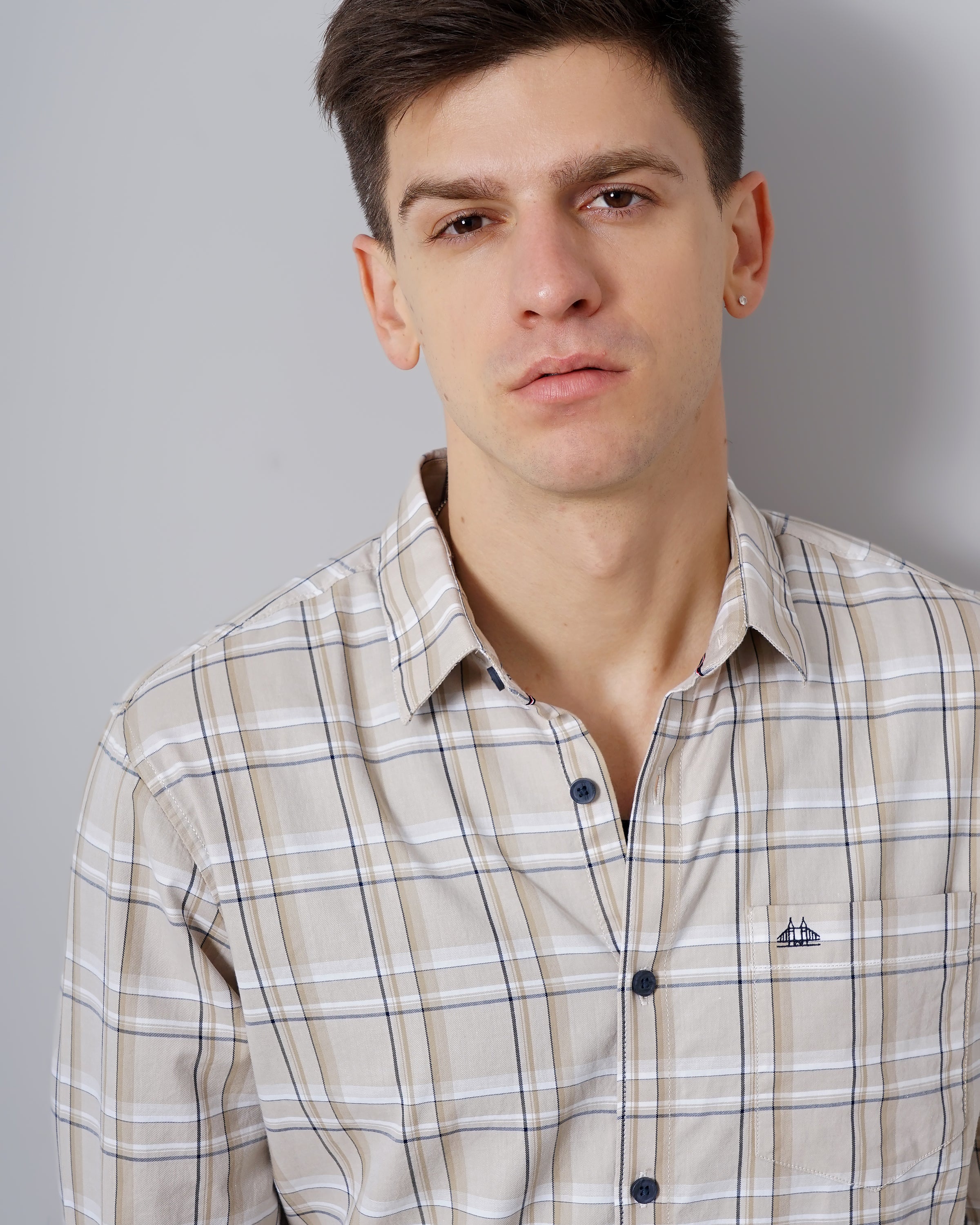 Men Beige Cotton Slim Shirt