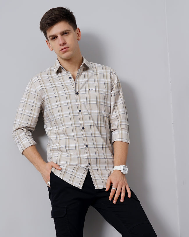 Men Beige Cotton Slim Shirt