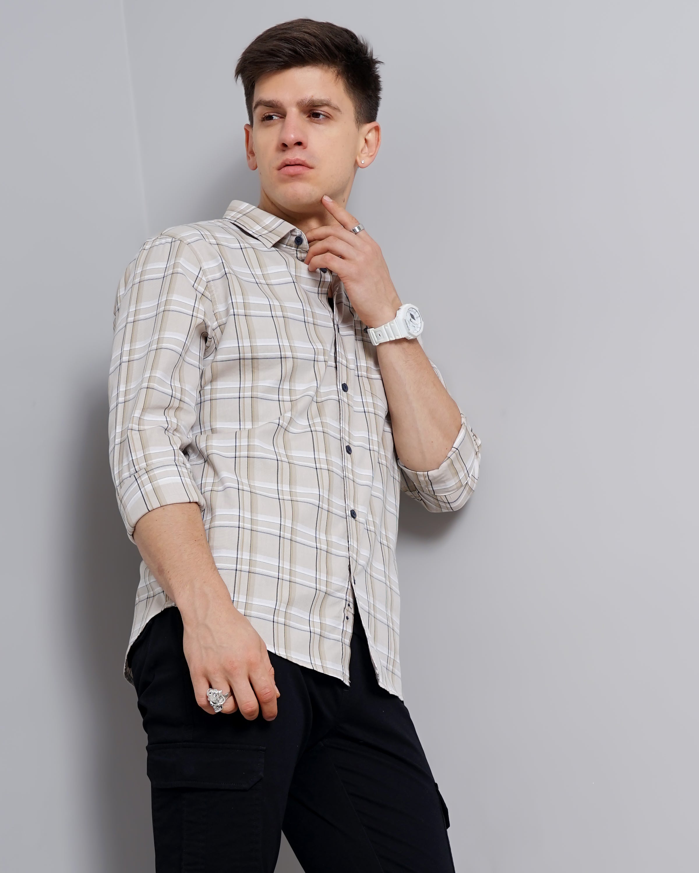 Men Beige Cotton Slim Shirt